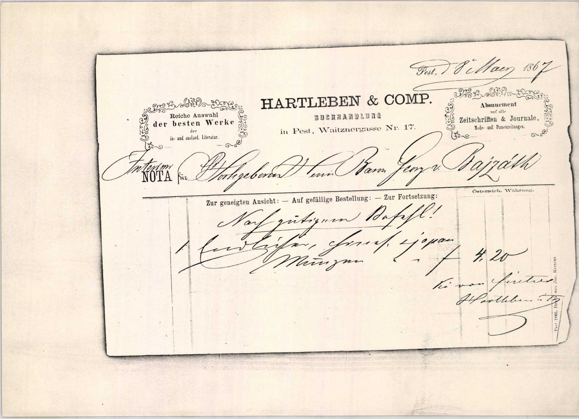 Hartleben & Co. (és Társa) számla (Magyar Kereskedelmi és Vendéglátóipari Múzeum CC BY-NC-SA)