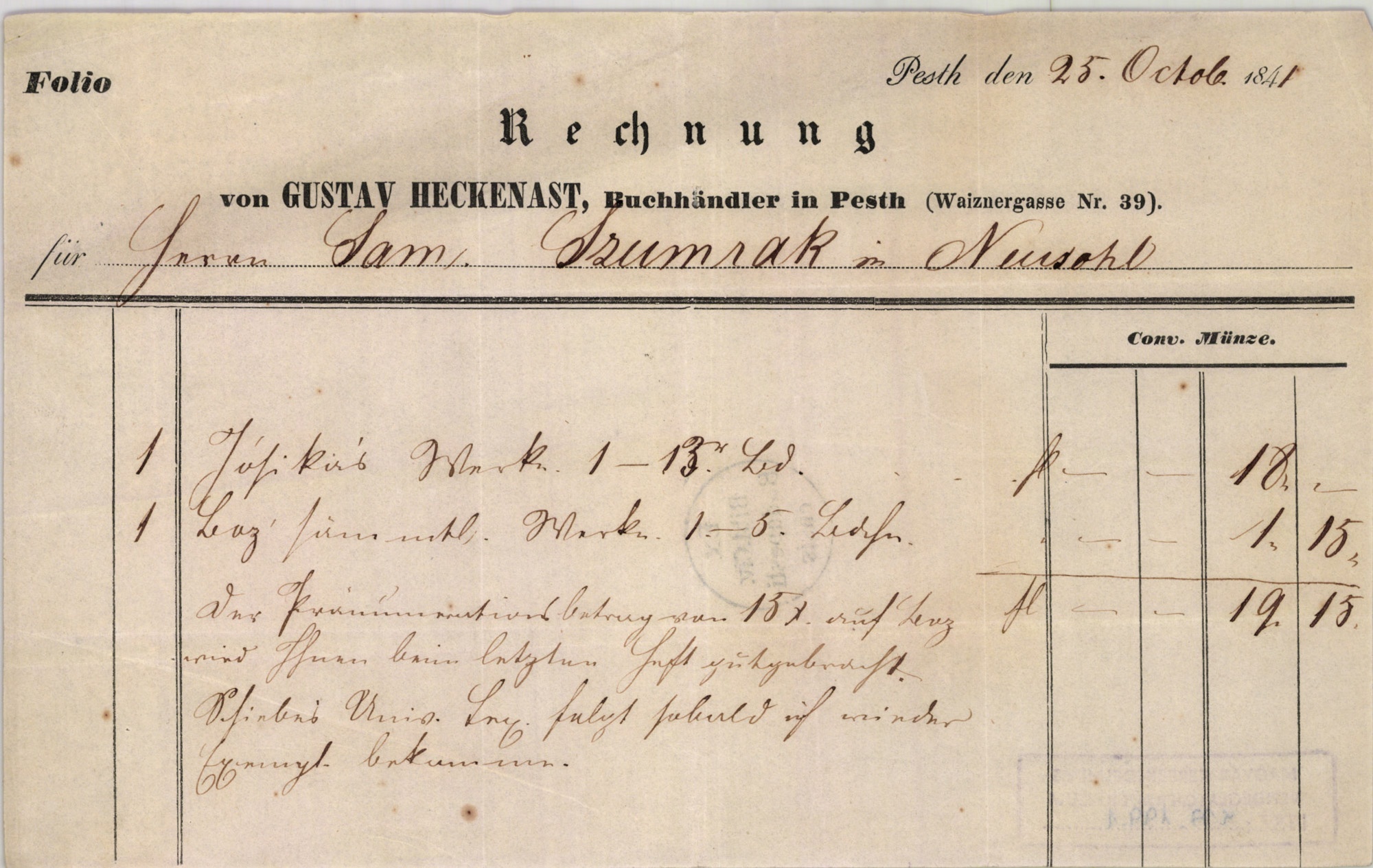 Heckenast Gusztáv számla (Magyar Kereskedelmi és Vendéglátóipari Múzeum CC BY-NC-SA)