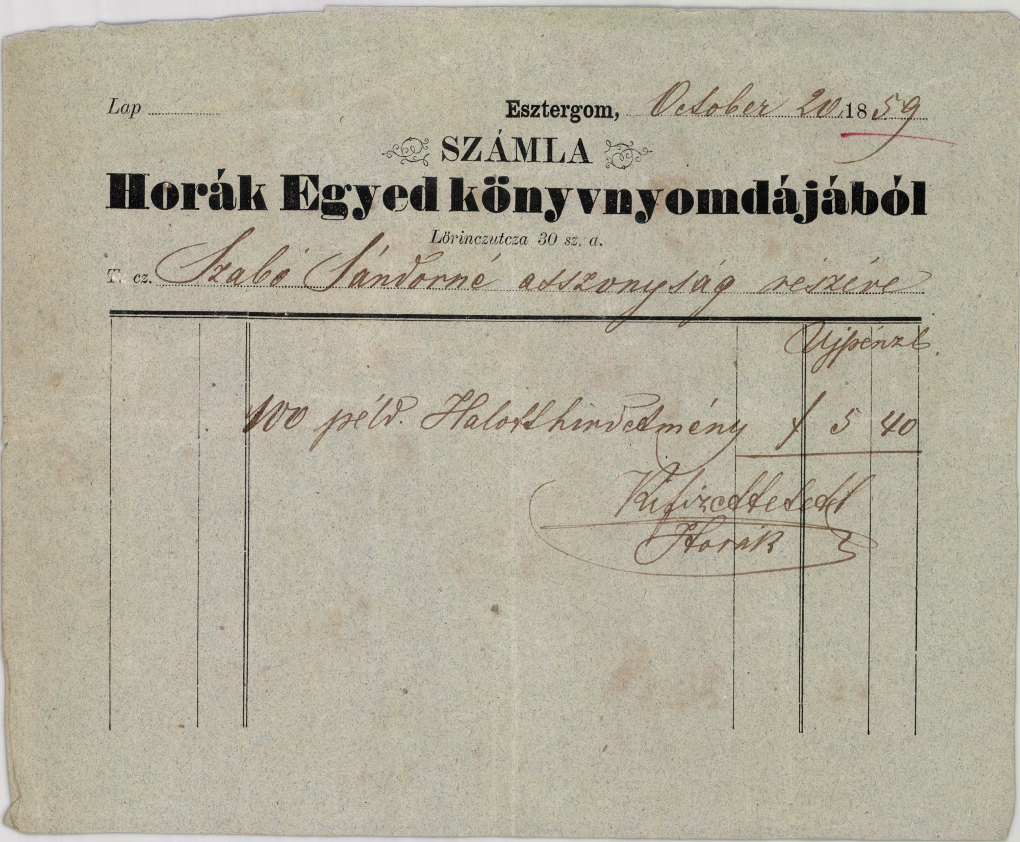 Horák Egyed számla (Magyar Kereskedelmi és Vendéglátóipari Múzeum CC BY-NC-SA)