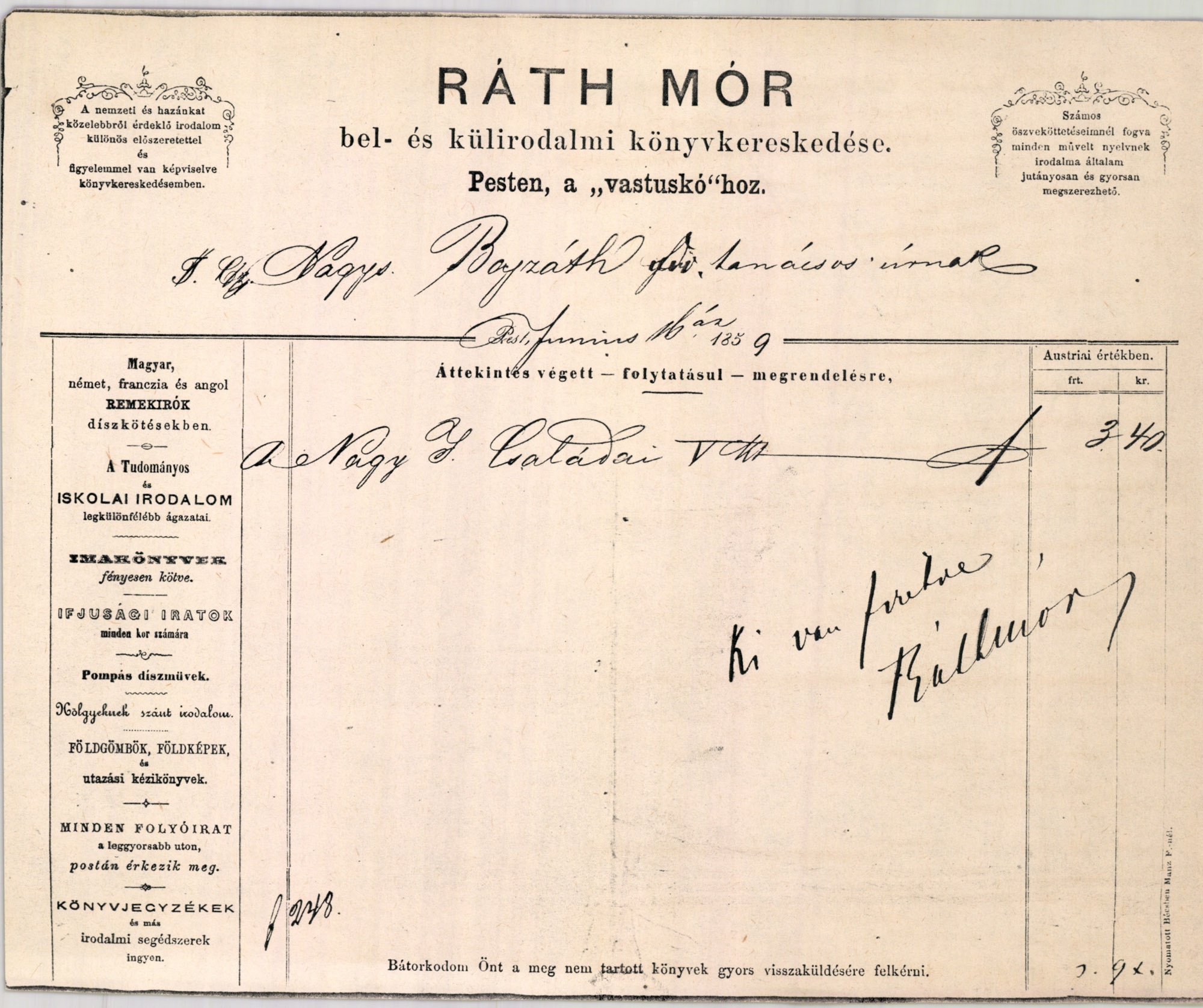 Ráth Mór számla (Magyar Kereskedelmi és Vendéglátóipari Múzeum CC BY-NC-SA)