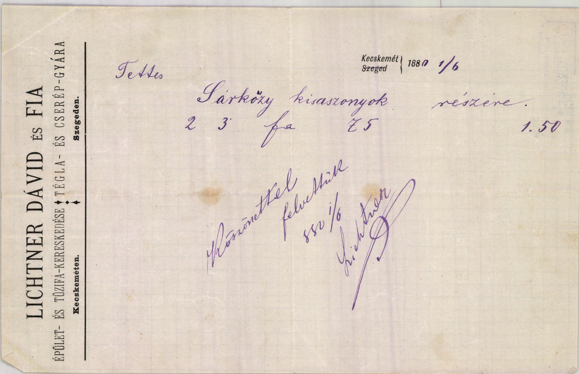 Lichtner Dávid és Fia számla (Magyar Kereskedelmi és Vendéglátóipari Múzeum CC BY-NC-SA)