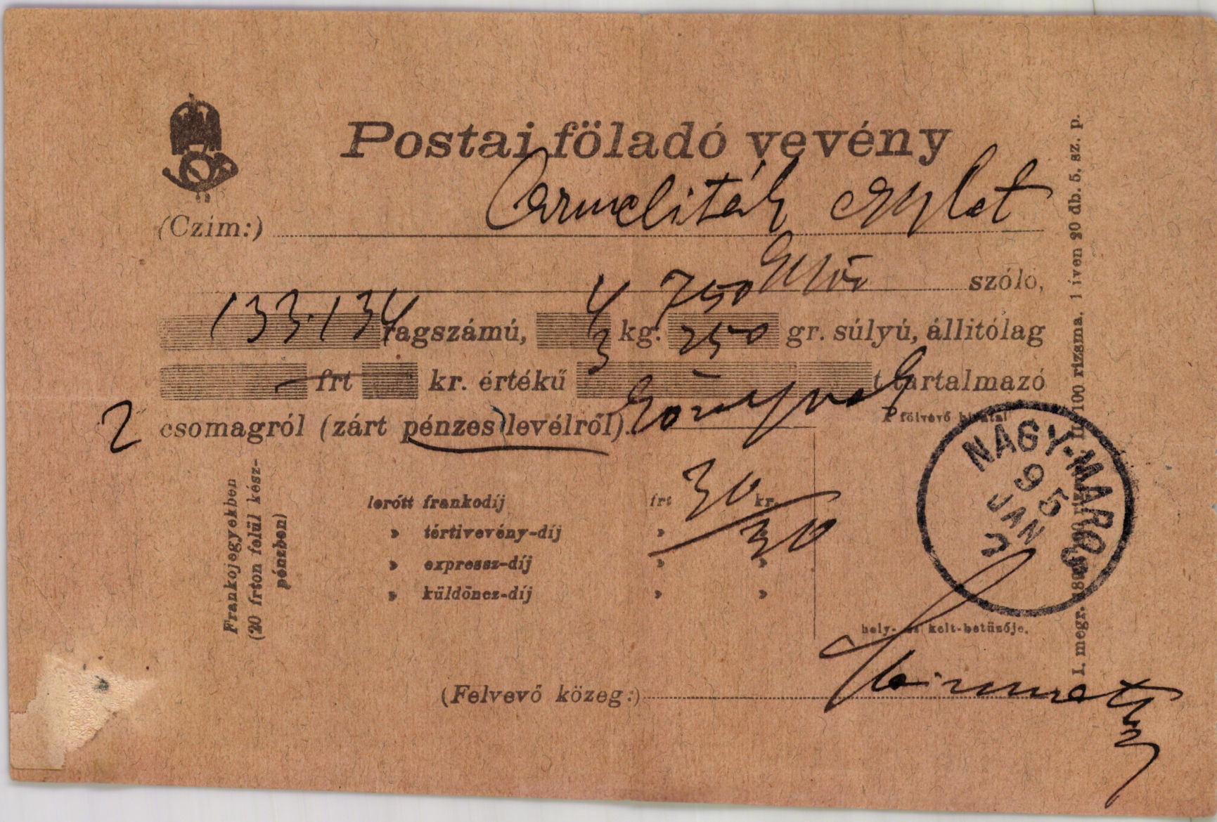 Postai föladó vevény, Carmeliták Egylet (Magyar Kereskedelmi és Vendéglátóipari Múzeum CC BY-NC-SA)