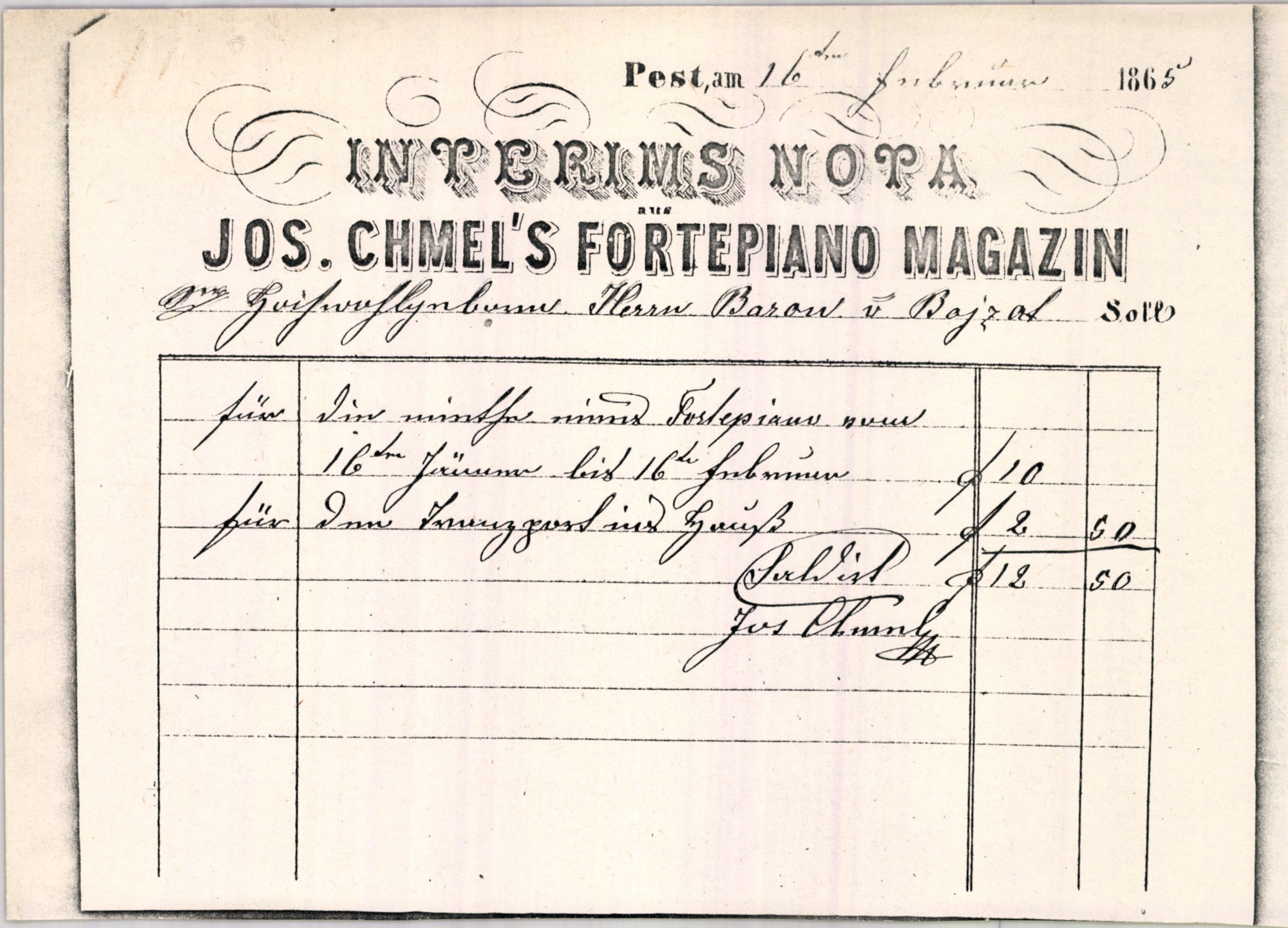 Chmel József számla (Magyar Kereskedelmi és Vendéglátóipari Múzeum CC BY-NC-SA)