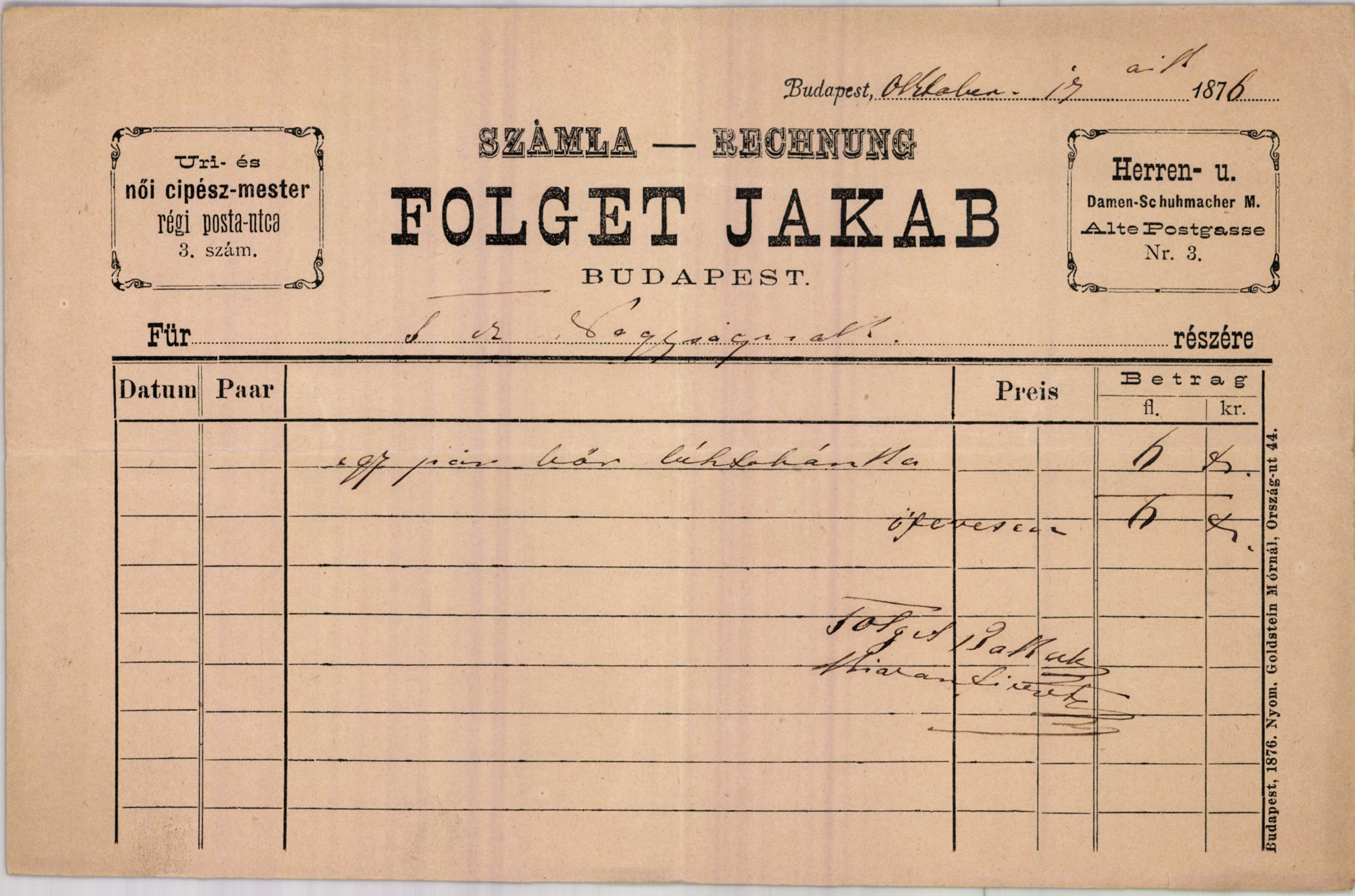 Folget Jakab számla (Magyar Kereskedelmi és Vendéglátóipari Múzeum CC BY-NC-SA)