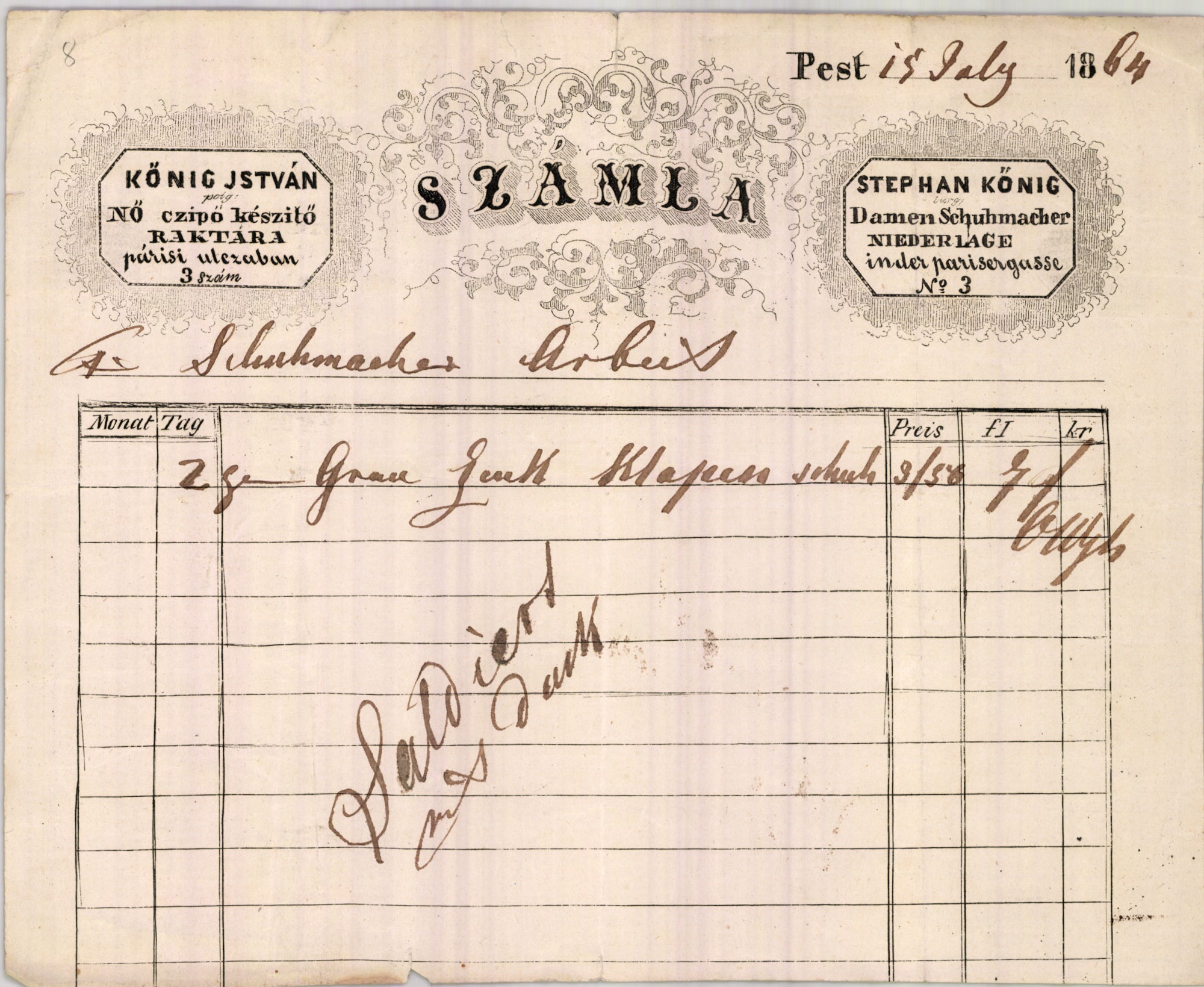 Kőnig István számla (Magyar Kereskedelmi és Vendéglátóipari Múzeum CC BY-NC-SA)