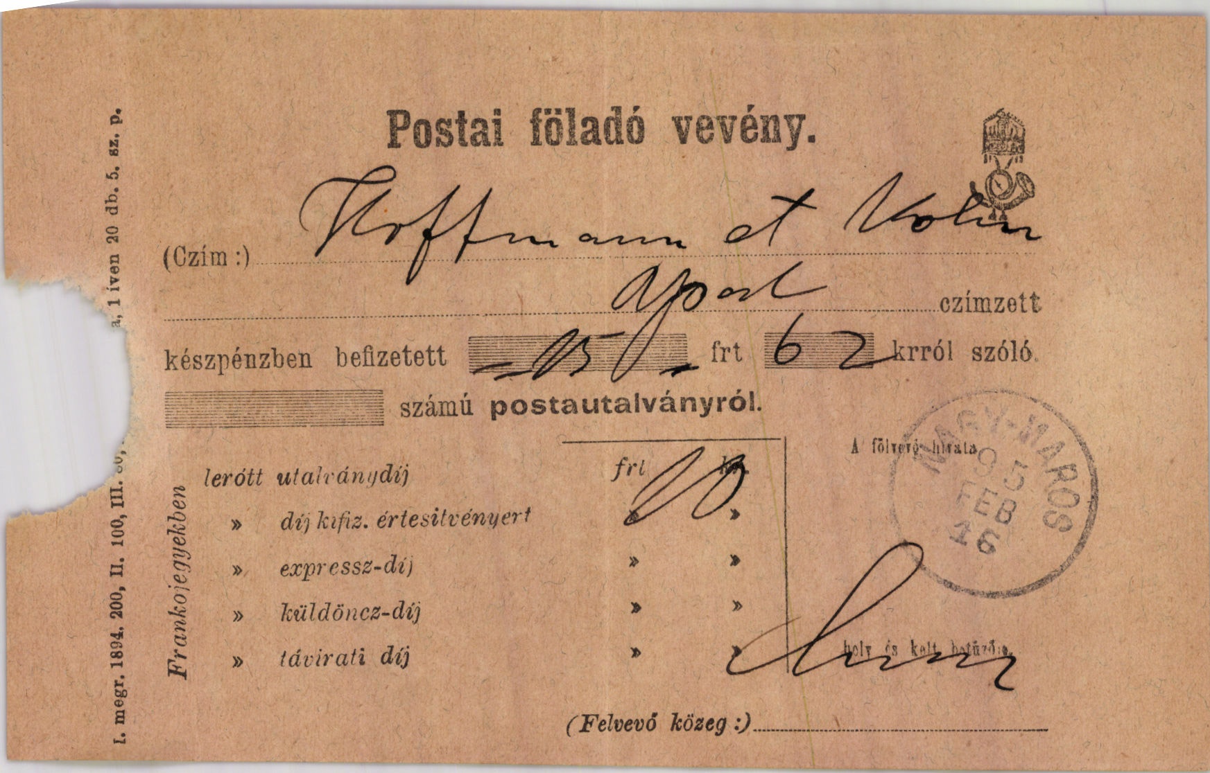 Hoffmann és Kohn, szövött, kötött nyakkendők, női fehérnemű különlegességek. Postai feladóvevény (Magyar Kereskedelmi és Vendéglátóipari Múzeum CC BY-NC-SA)