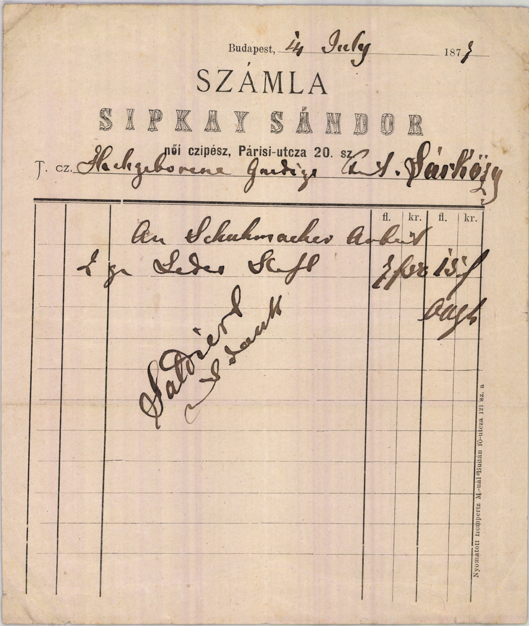 Sipkay Sándor számla (Magyar Kereskedelmi és Vendéglátóipari Múzeum CC BY-NC-SA)