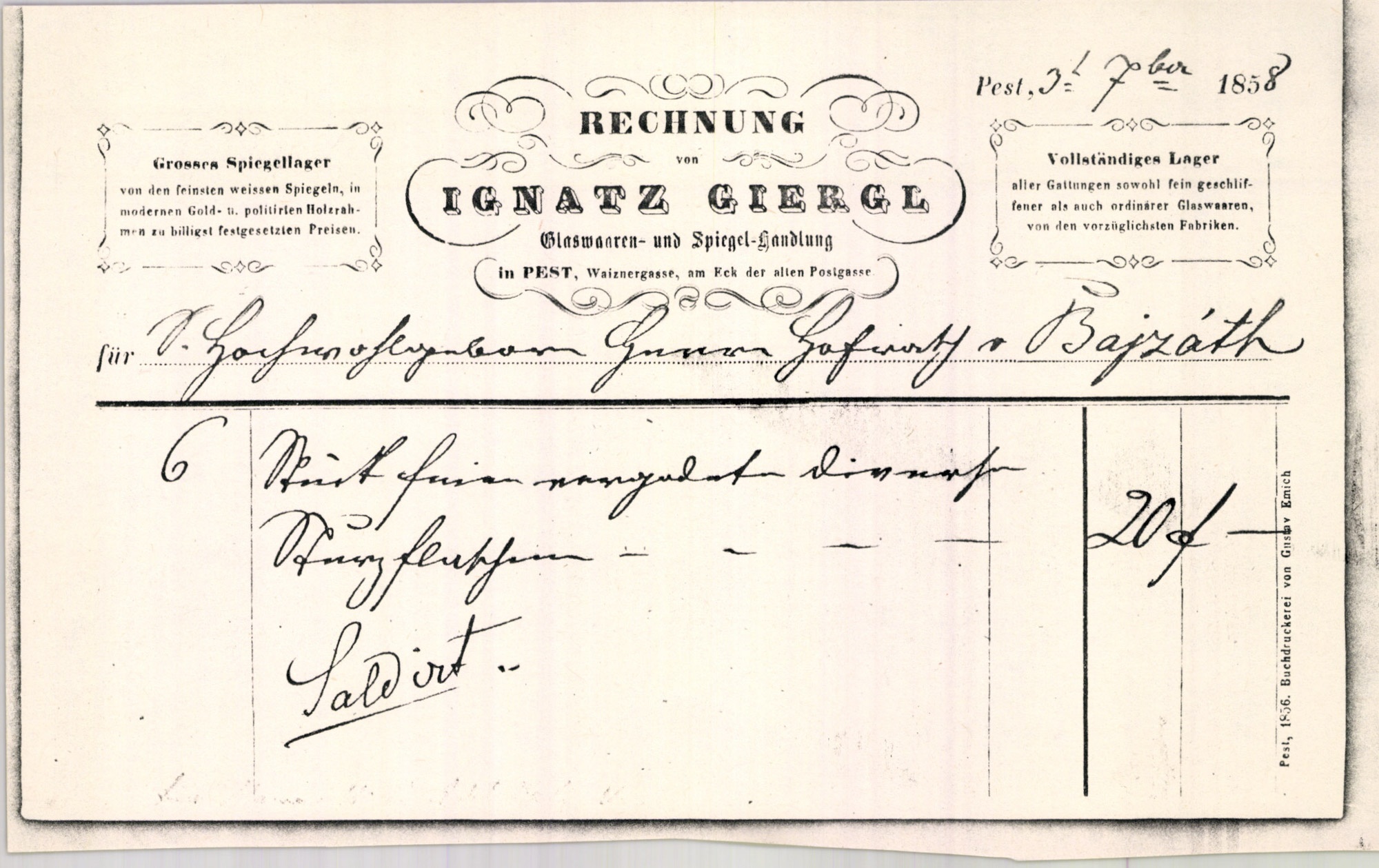 Giergl Ignác számla (Magyar Kereskedelmi és Vendéglátóipari Múzeum CC BY-NC-SA)
