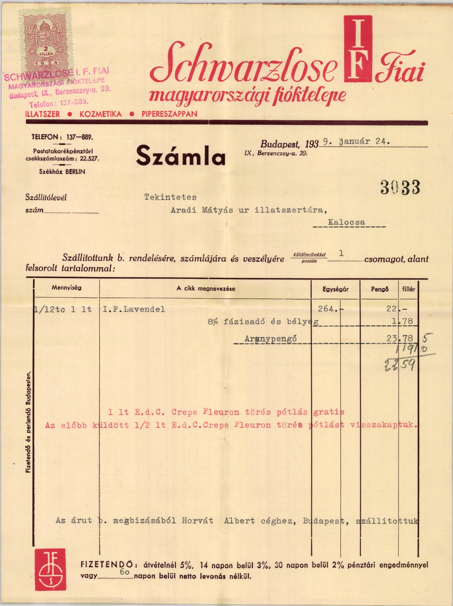 Schwarzlose I. F. Fiai magyarországi fióktelepe illatszer-kozmetika-pipereszappan (Magyar Kereskedelmi és Vendéglátóipari Múzeum CC BY-NC-SA)