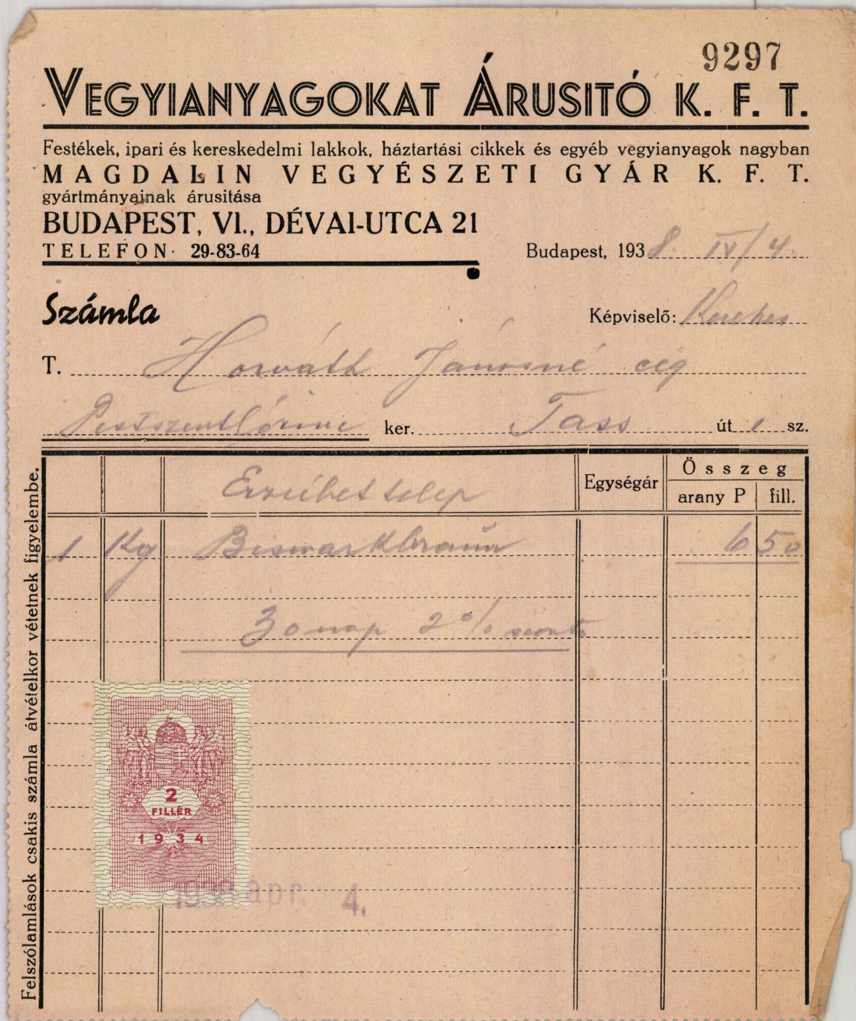 Vegyianyagokat Árusitó K. F. T. (Magyar Kereskedelmi és Vendéglátóipari Múzeum CC BY-NC-SA)