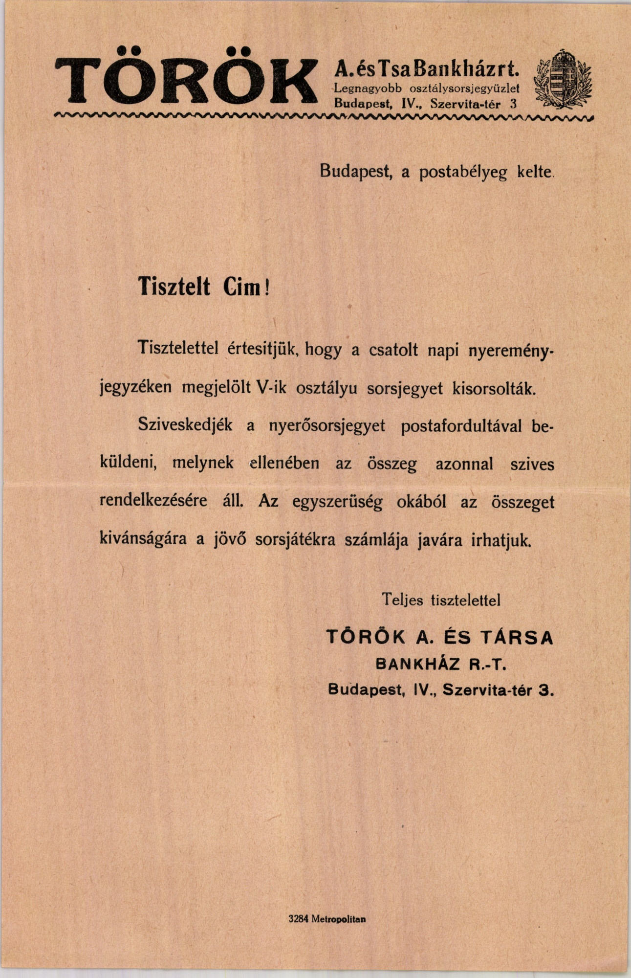 Török A. és Tsa Bankház rt. (Magyar Kereskedelmi és Vendéglátóipari Múzeum CC BY-NC-SA)