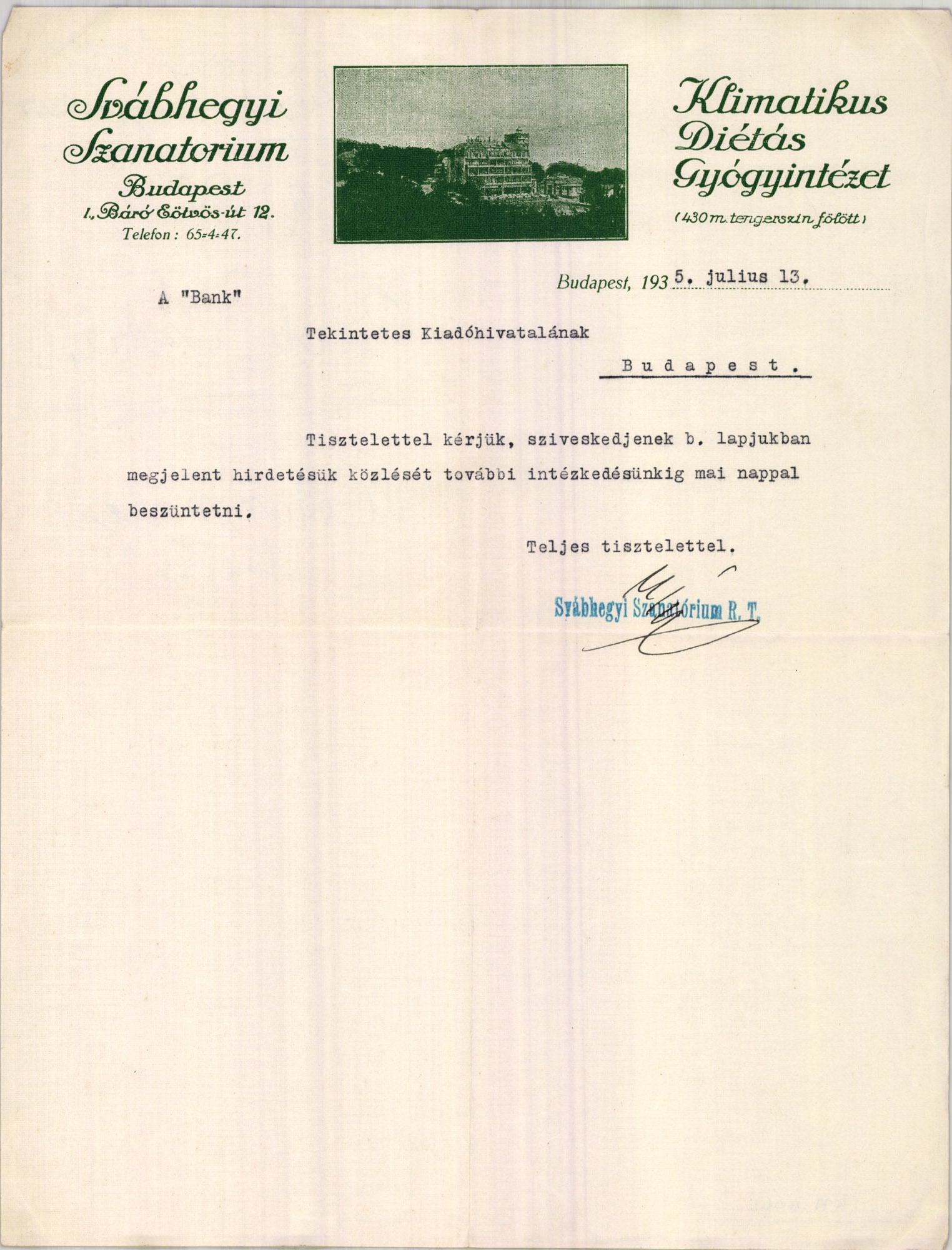 Svábhegyi Szanatorium, klimatikus diétás gyógyintézet (Magyar Kereskedelmi és Vendéglátóipari Múzeum CC BY-NC-SA)