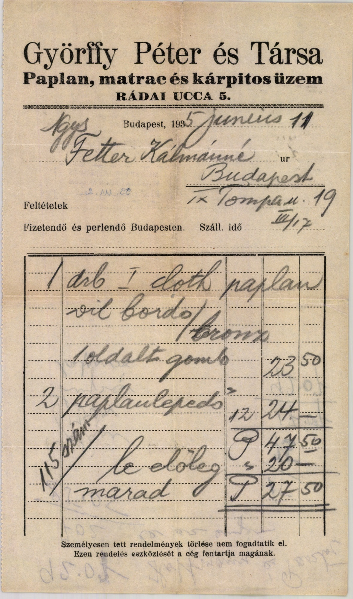 Györffy Péter és Társa paplan, matrac és kárpitos üzem (Magyar Kereskedelmi és Vendéglátóipari Múzeum CC BY-NC-SA)