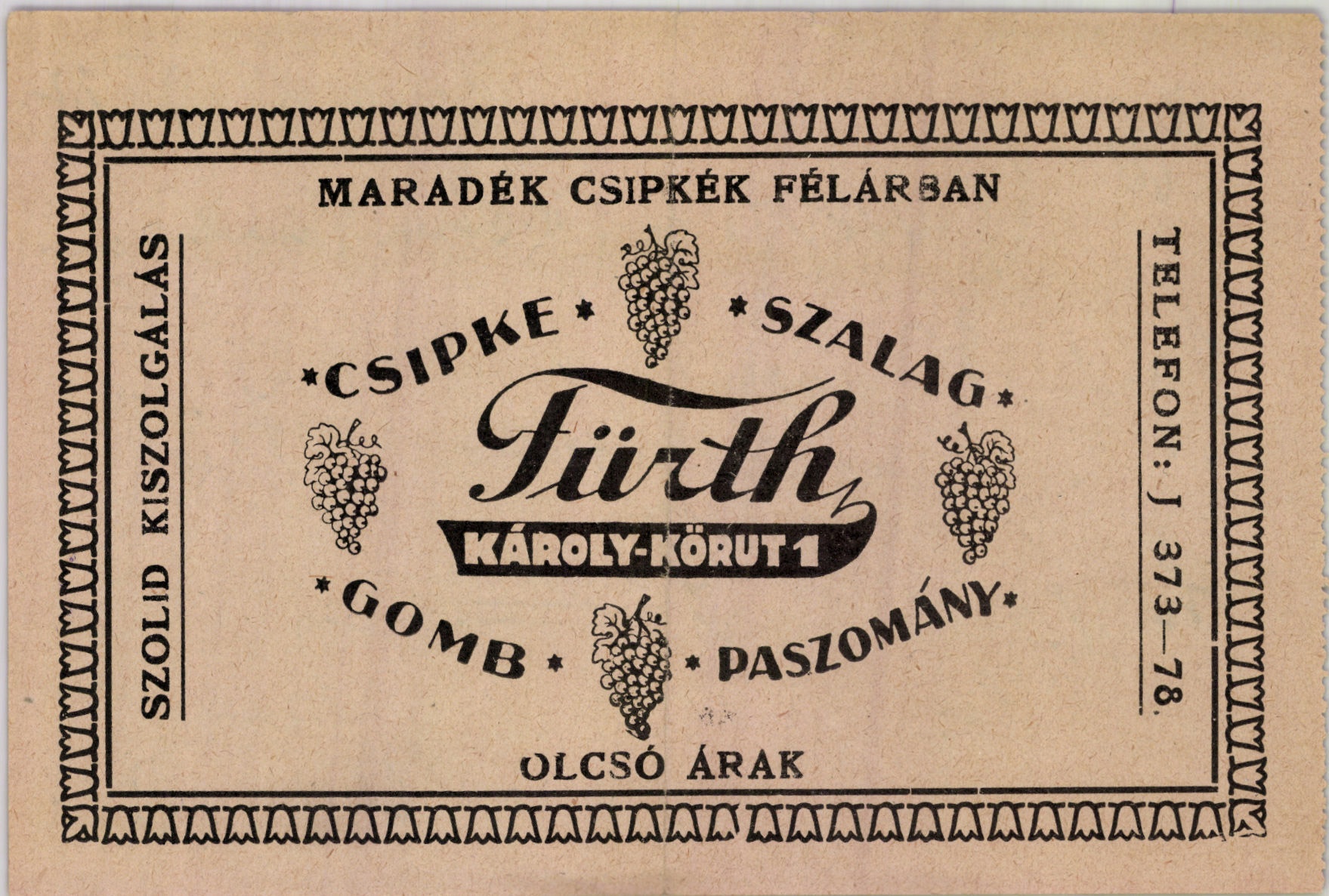 Fürth csipke, szalag, gomb, paszomány (Magyar Kereskedelmi és Vendéglátóipari Múzeum CC BY-NC-SA)