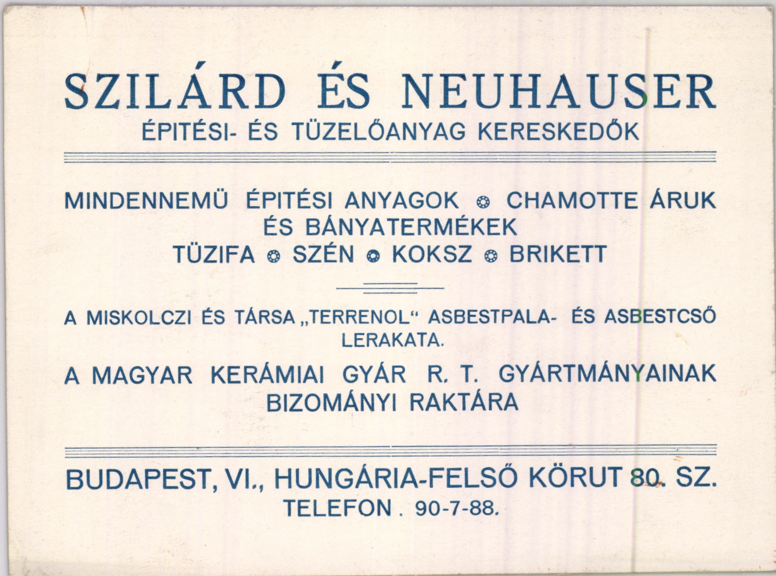 Szilárd és Neuhauser épitési- és tüzelőanyag kereskedők (Magyar Kereskedelmi és Vendéglátóipari Múzeum CC BY-NC-SA)