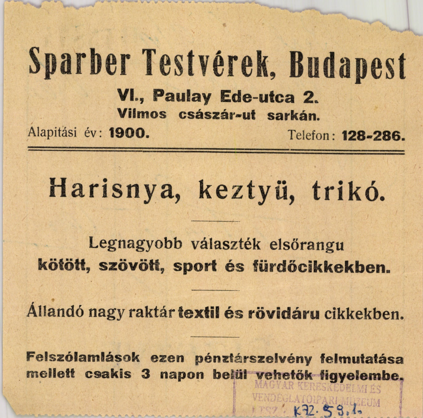 Sparber Testvérek Harisnya, keztyü, trikó (Magyar Kereskedelmi és Vendéglátóipari Múzeum CC BY-NC-SA)