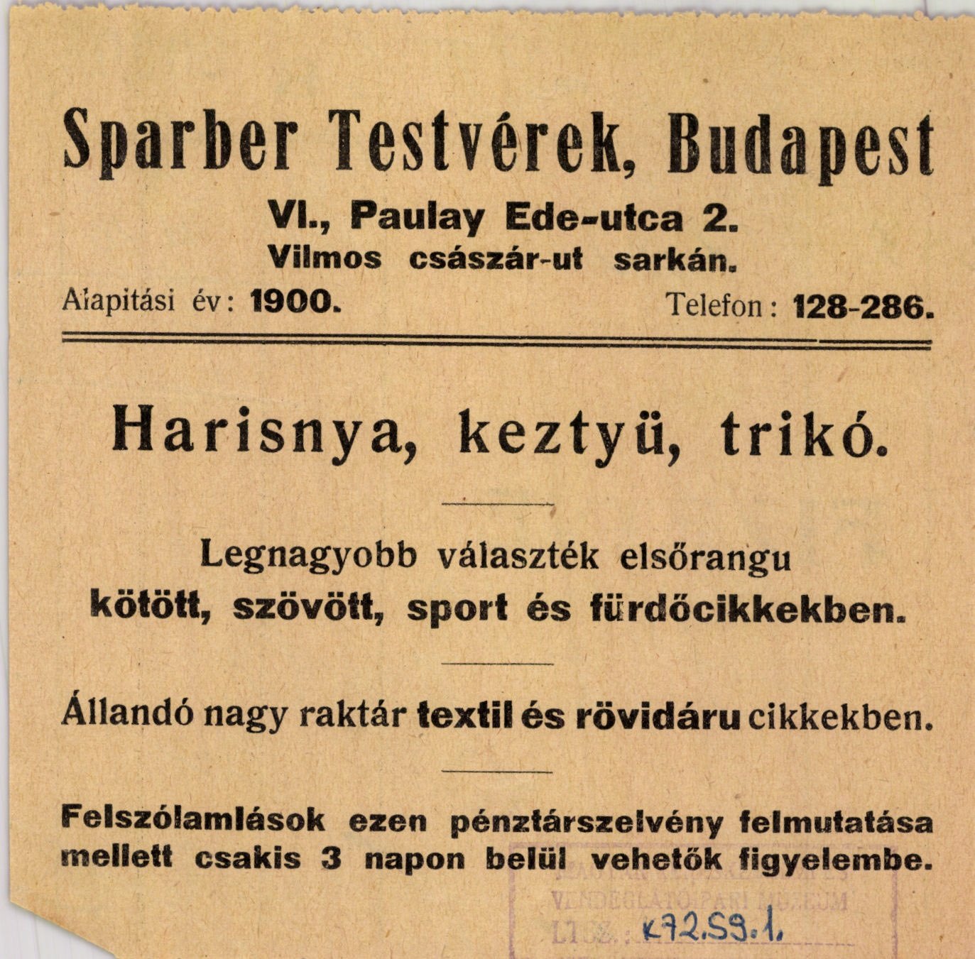 Sparber Testvérek Harisnya, keztyü, trikó (Magyar Kereskedelmi és Vendéglátóipari Múzeum CC BY-NC-SA)