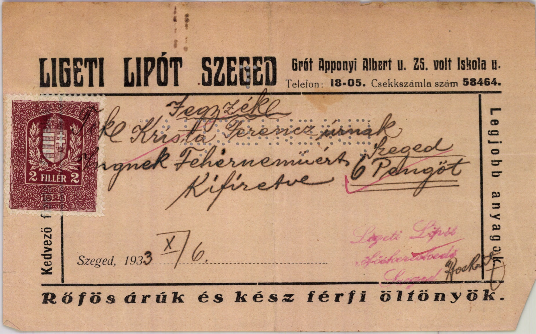Ligeti Lipót rőfös árúk és kész férfi öltönyök (Magyar Kereskedelmi és Vendéglátóipari Múzeum CC BY-NC-SA)