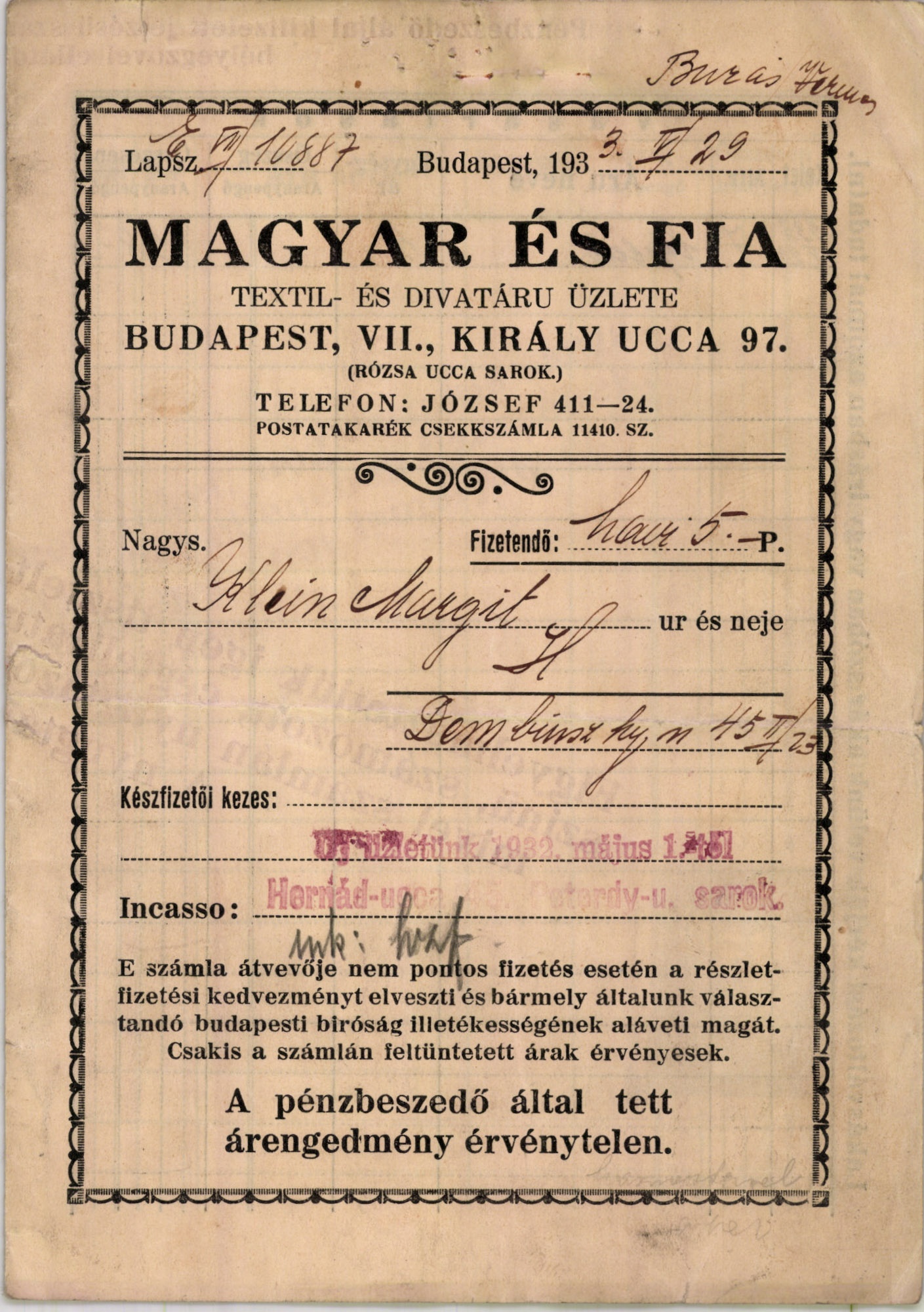 Magyar és Fia textil- és divatáru üzlete (Magyar Kereskedelmi és Vendéglátóipari Múzeum CC BY-NC-SA)