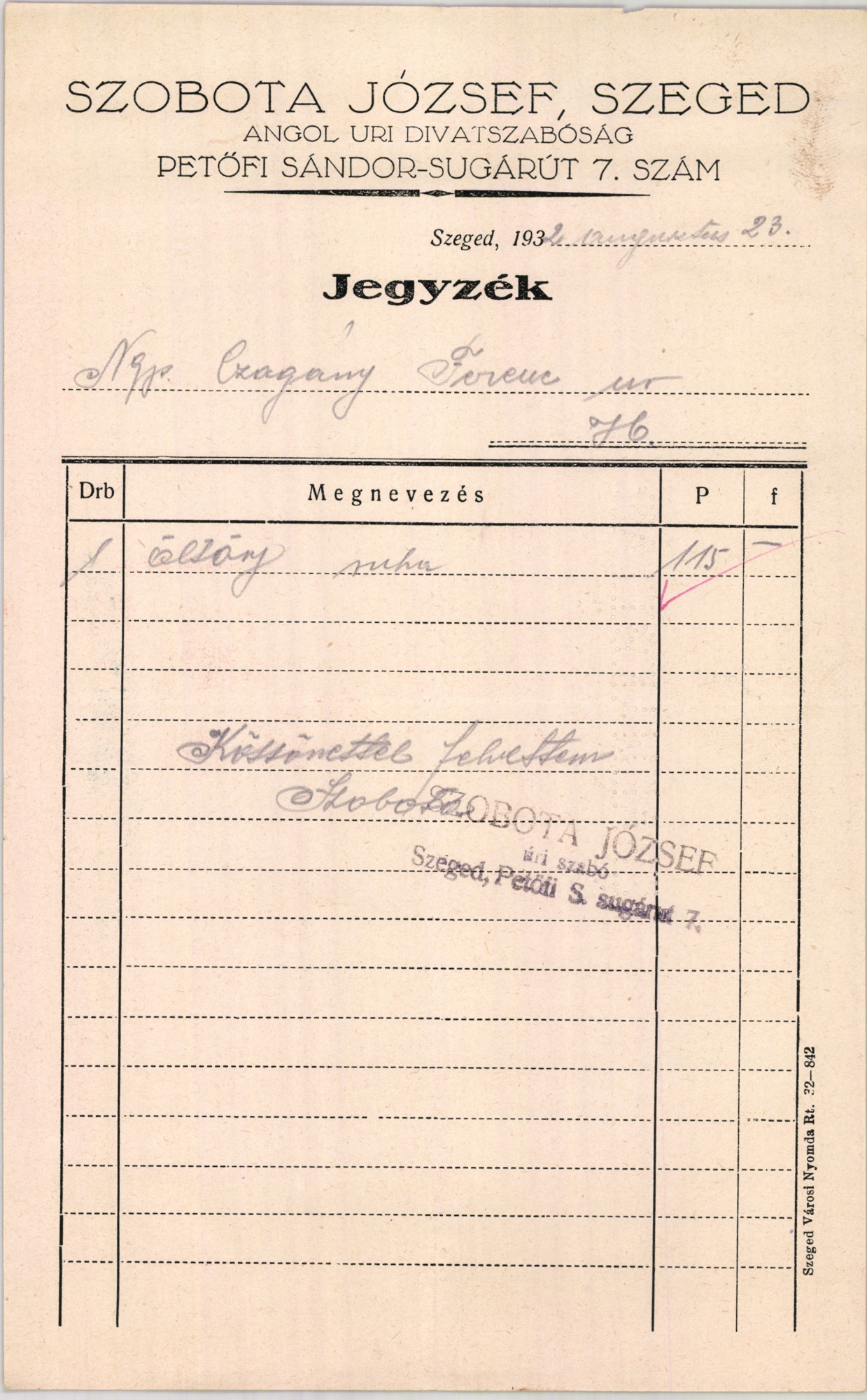 Szobota József angol uri divatszabóság (Magyar Kereskedelmi és Vendéglátóipari Múzeum CC BY-NC-SA)