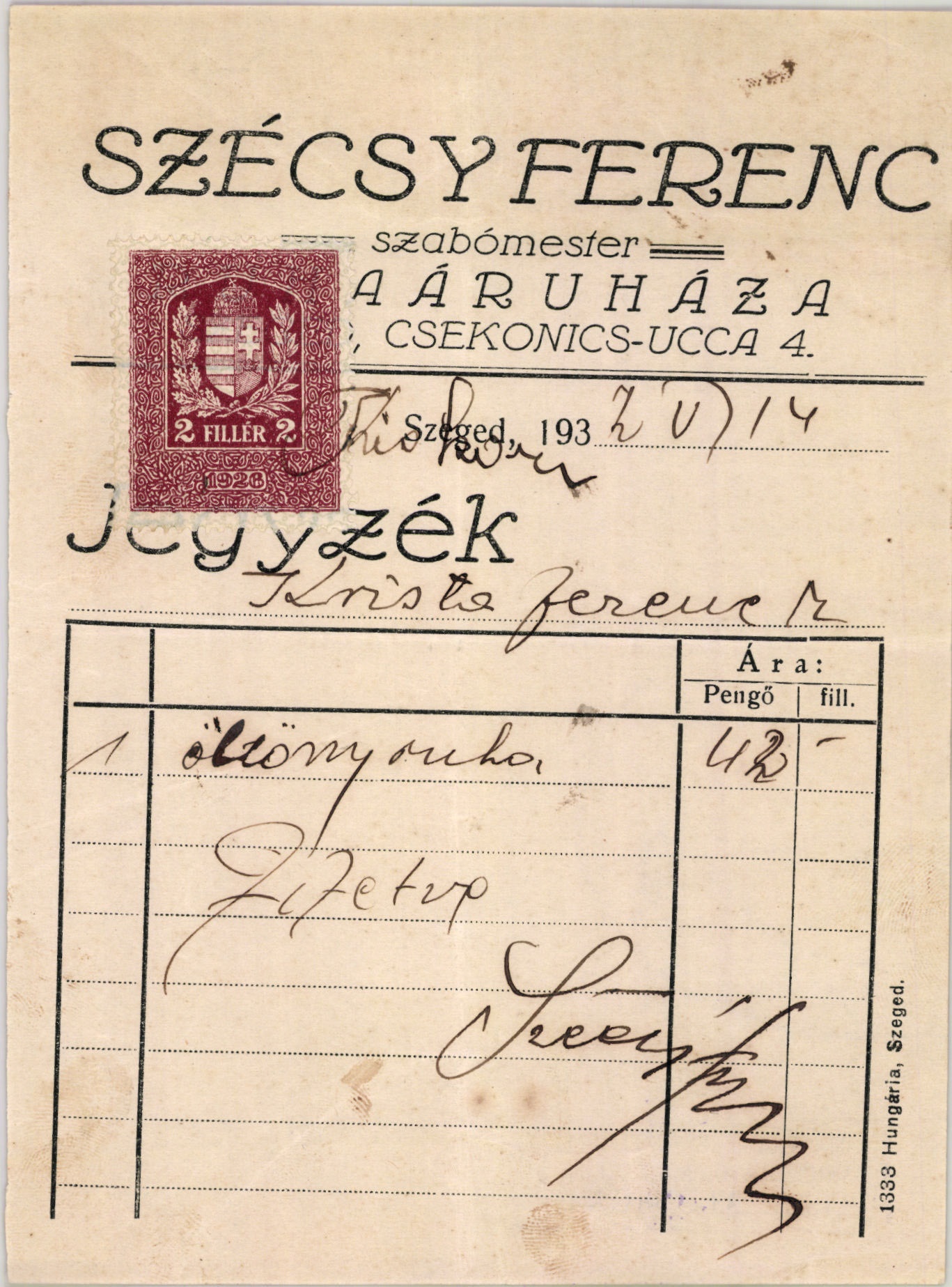Szécsy Ferenc szabómester ruhaáruháza (Magyar Kereskedelmi és Vendéglátóipari Múzeum CC BY-NC-SA)