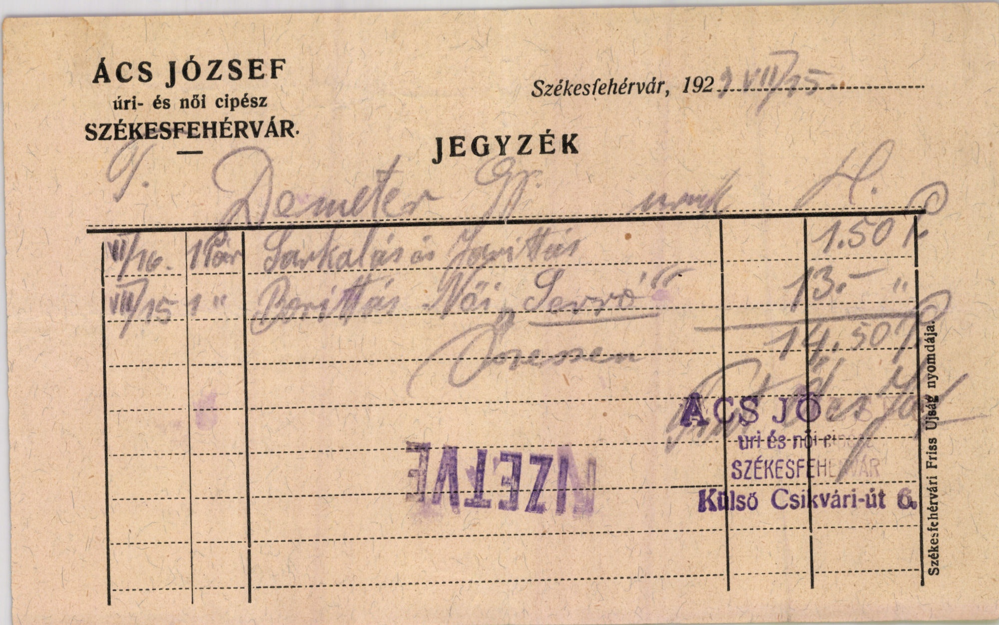 Ács József úri- és női cipész (Magyar Kereskedelmi és Vendéglátóipari Múzeum CC BY-NC-SA)