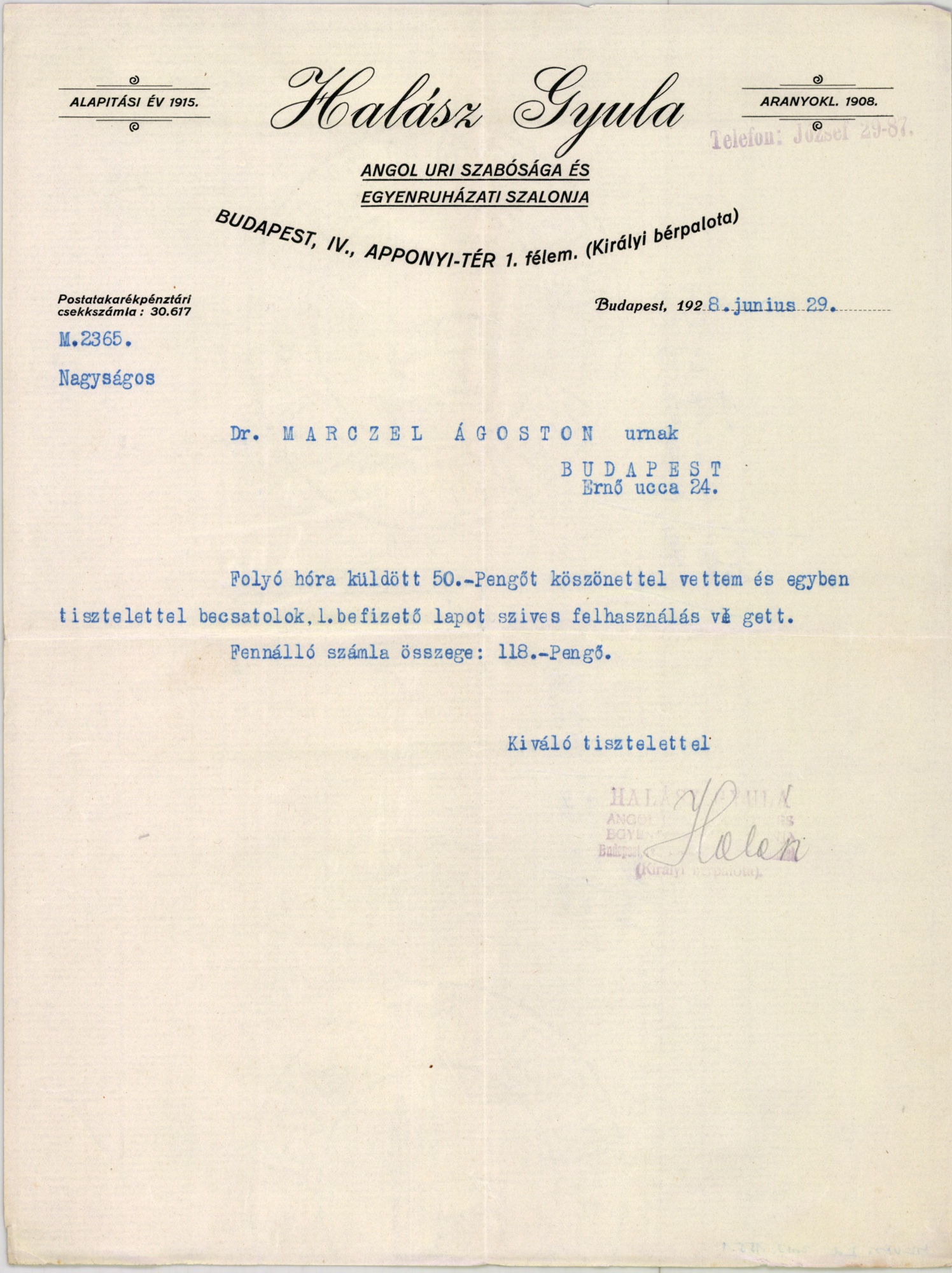 Halász Gyula angol úri szabósága és egyenruházati szalónja (Magyar Kereskedelmi és Vendéglátóipari Múzeum CC BY-NC-SA)