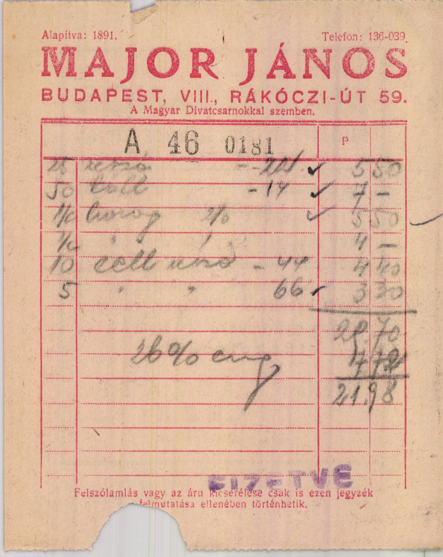 Major János vas-szerszám, épület- és bútorvasalás kereskedése (Magyar Kereskedelmi és Vendéglátóipari Múzeum CC BY-NC-SA)