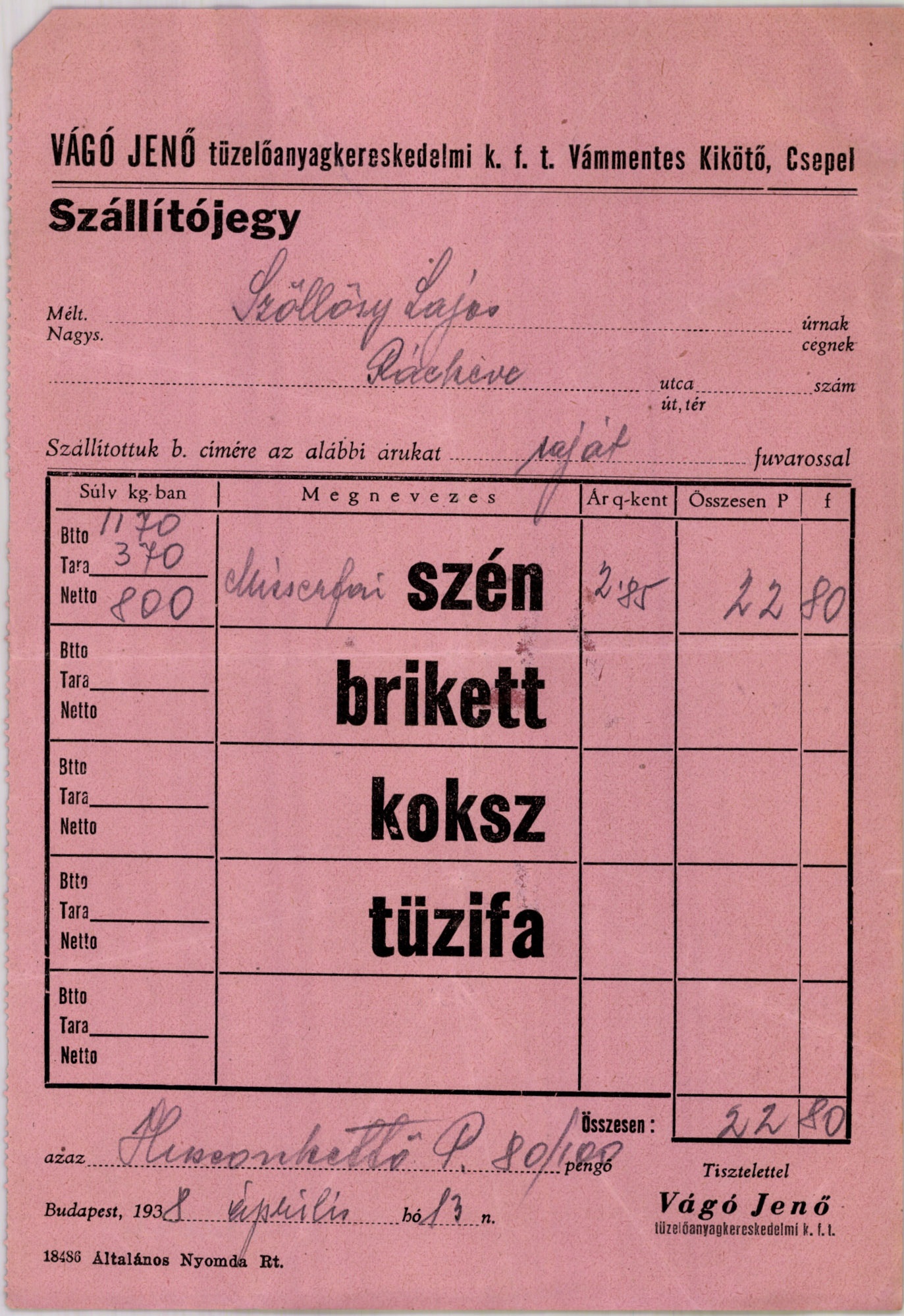 Vágó Jenő tüzelőnagykereskedelmi k. f. t. (Magyar Kereskedelmi és Vendéglátóipari Múzeum CC BY-NC-SA)