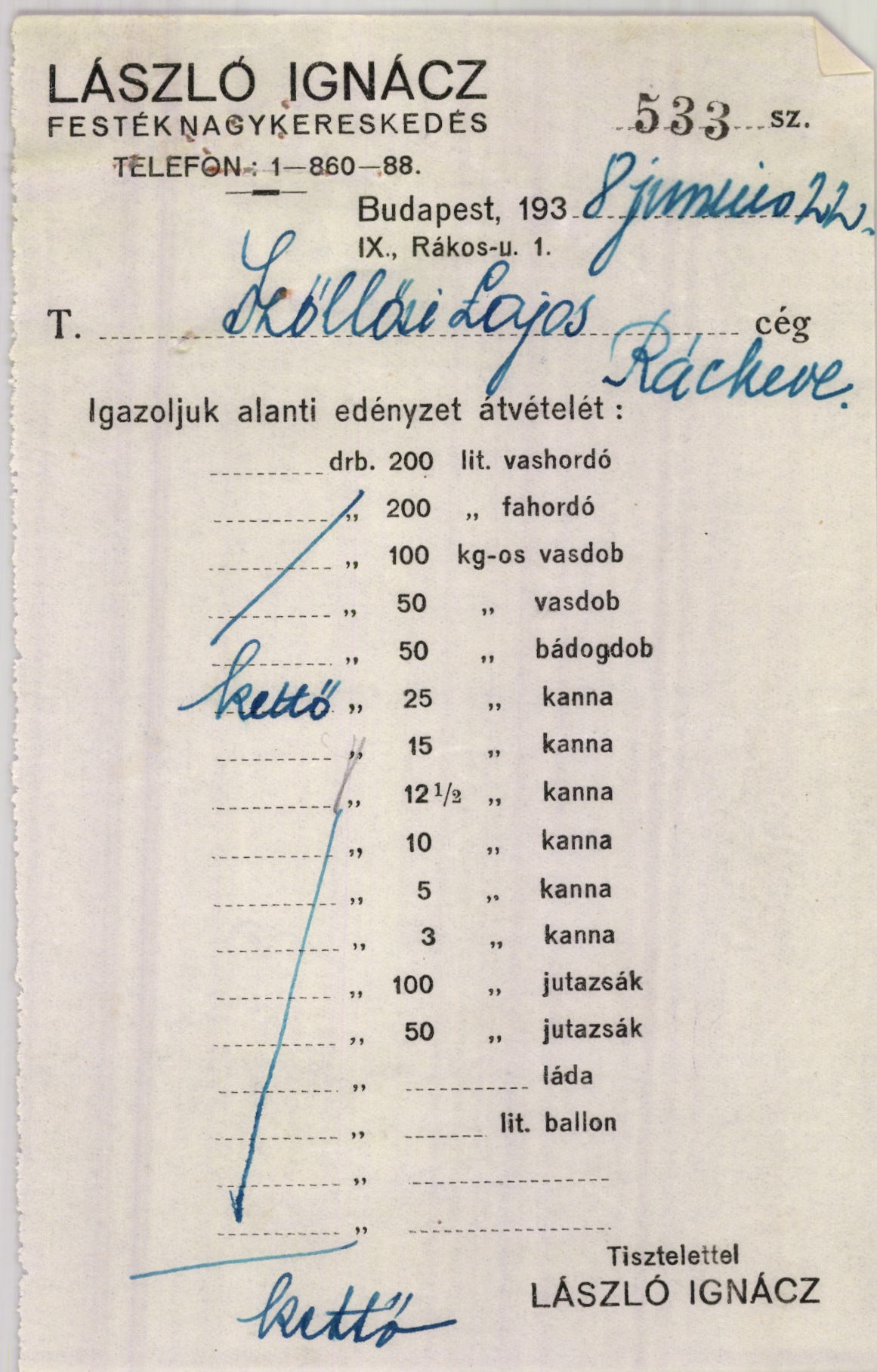 László Ignácz festék-, lakk- és vegyitermék nagykereskedés (Magyar Kereskedelmi és Vendéglátóipari Múzeum CC BY-NC-SA)