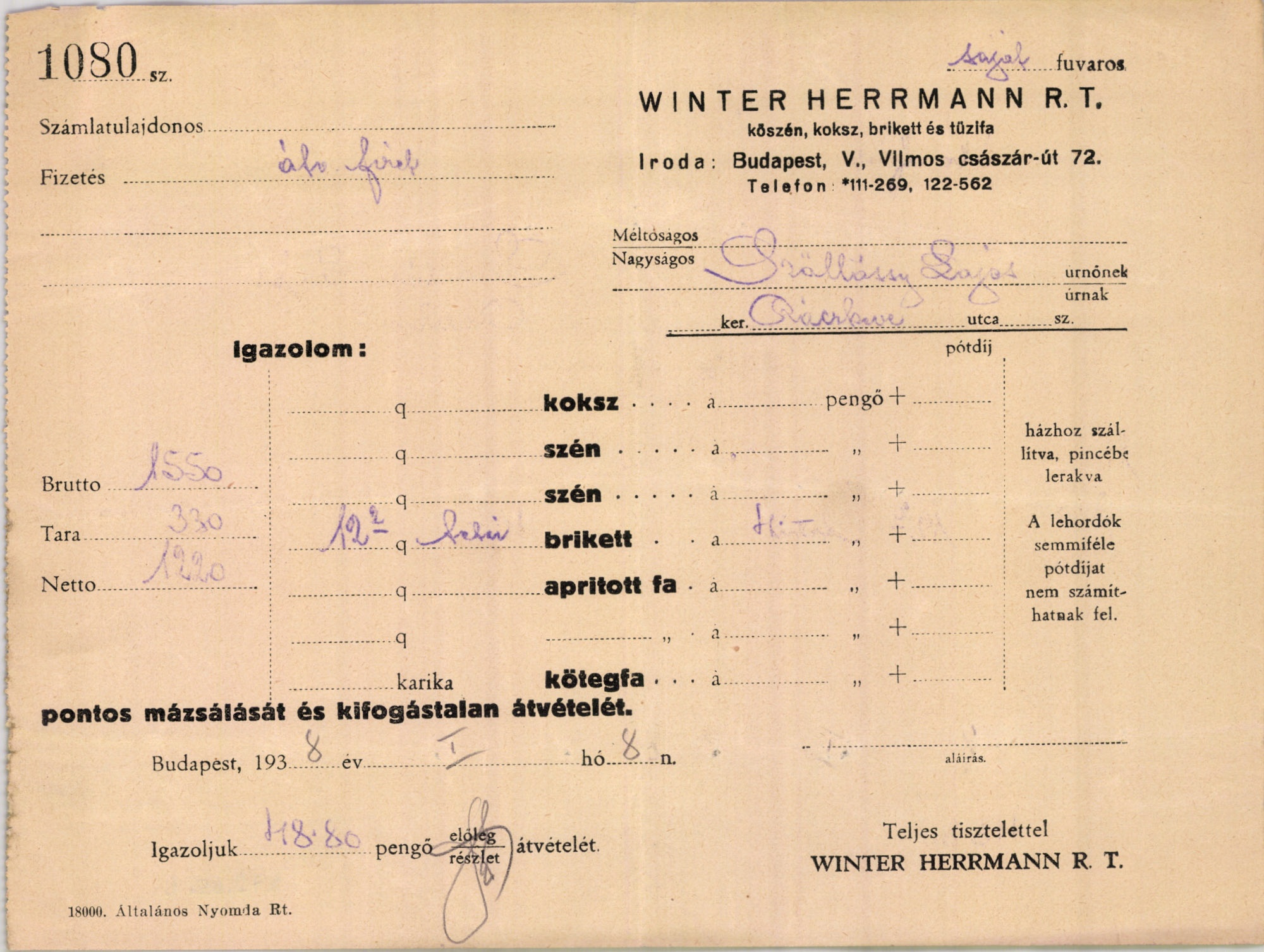 Winter Herrmann R. T. kőszén, koksz, brikett és tüzifa (Magyar Kereskedelmi és Vendéglátóipari Múzeum CC BY-NC-SA)