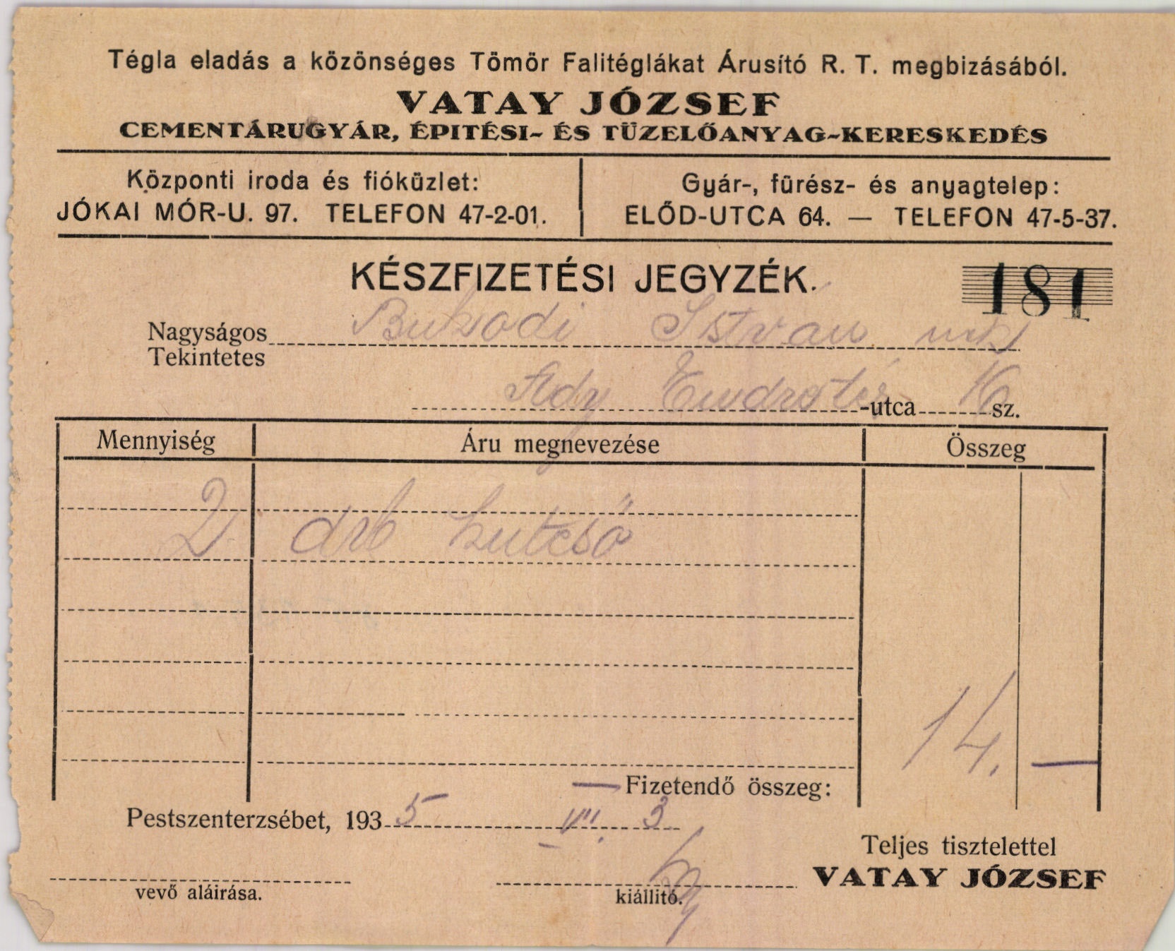 Vatay József cementárugyár, épitési- és tüzelőanyag-kereskedés (Magyar Kereskedelmi és Vendéglátóipari Múzeum CC BY-NC-SA)