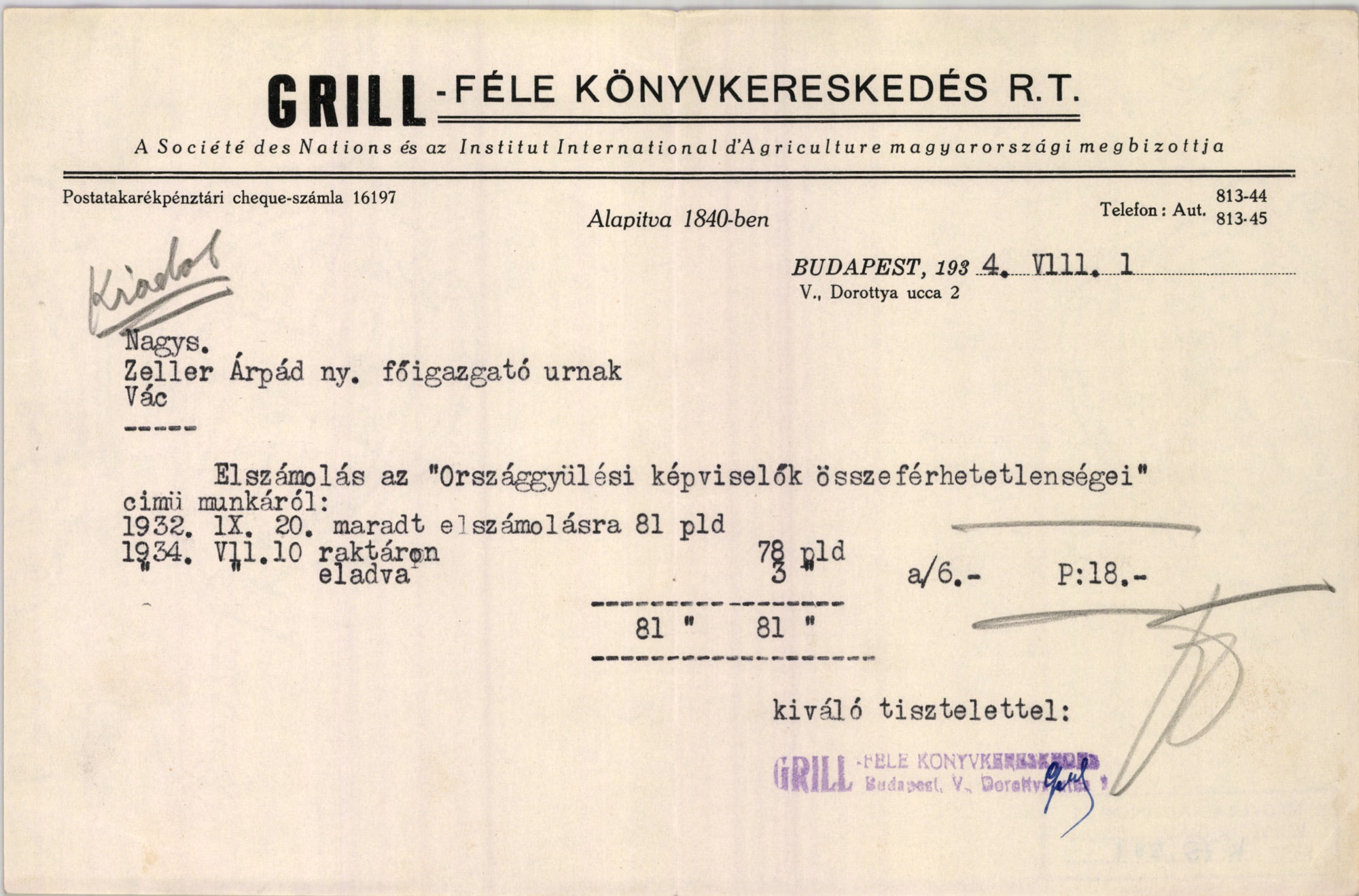 Grill-féle Könyvkereskedés RT. (Magyar Kereskedelmi és Vendéglátóipari Múzeum CC BY-NC-SA)