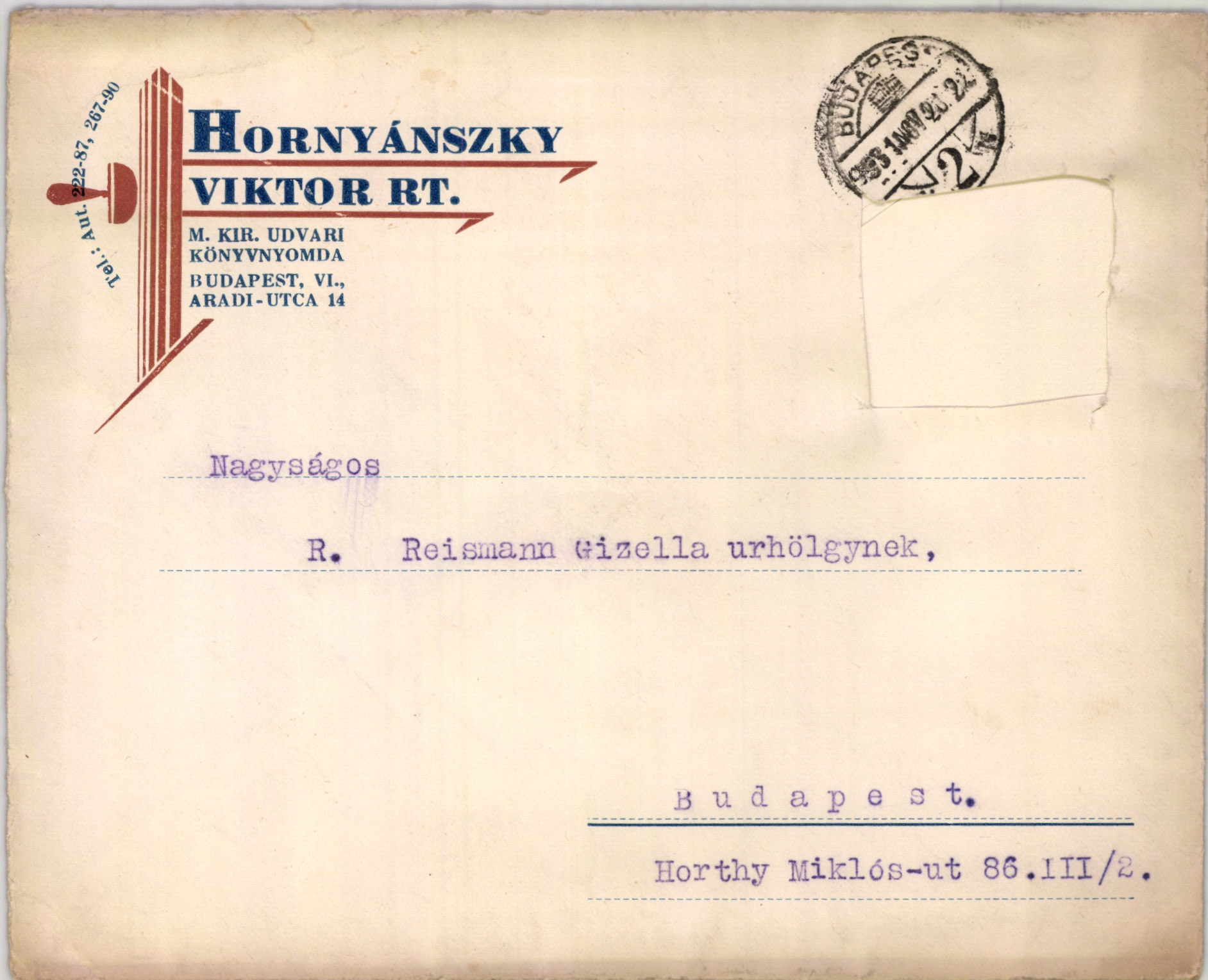Hornyánszky Viktor RT. m. kir. udvari könyvnyomda (Magyar Kereskedelmi és Vendéglátóipari Múzeum CC BY-NC-SA)