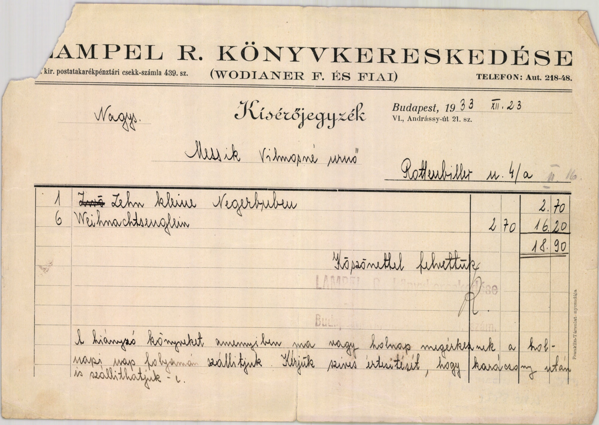 Lampel R. könyvkereskedése (Wodianer F. és Fiai) (Magyar Kereskedelmi és Vendéglátóipari Múzeum CC BY-NC-SA)