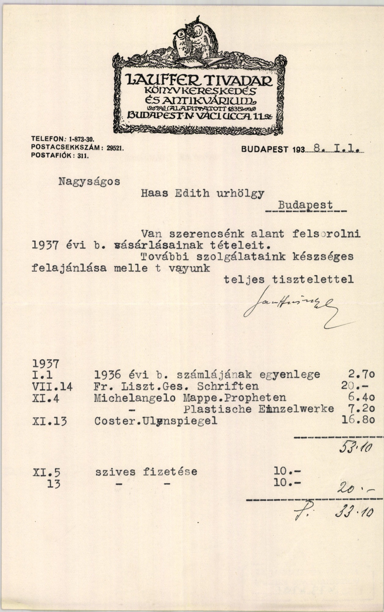 Lauffer Tivadar könyvkereskedés és antikvárium (Magyar Kereskedelmi és Vendéglátóipari Múzeum CC BY-NC-SA)