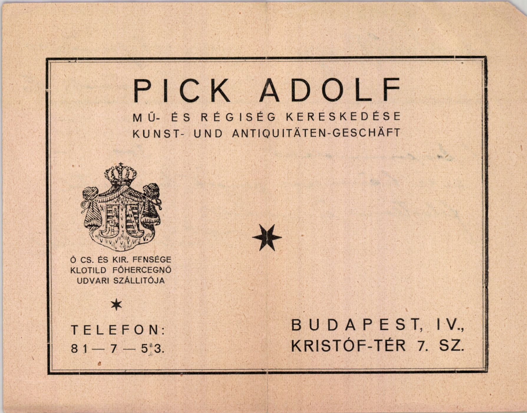 Pick Adolf mű- és régiség kereskedése (Magyar Kereskedelmi és Vendéglátóipari Múzeum CC BY-NC-SA)