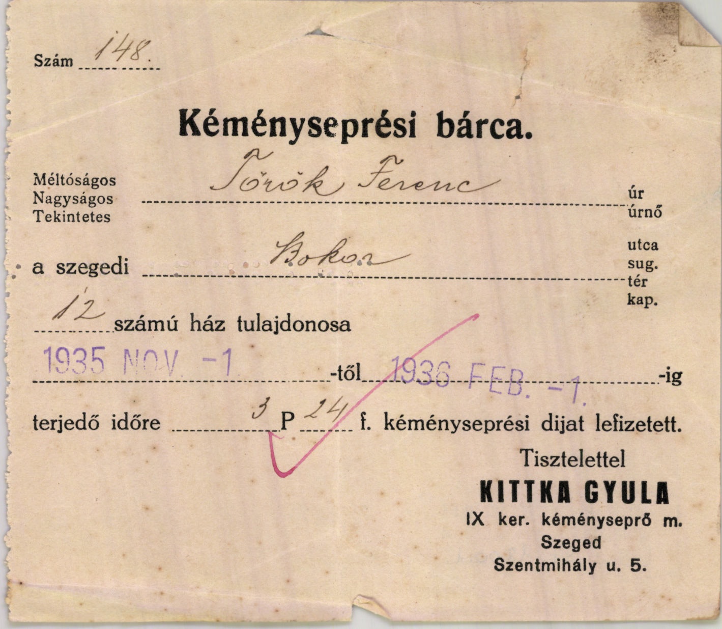 Kittka Gyula IX. ker. kéményseprő m. (Magyar Kereskedelmi és Vendéglátóipari Múzeum CC BY-NC-SA)