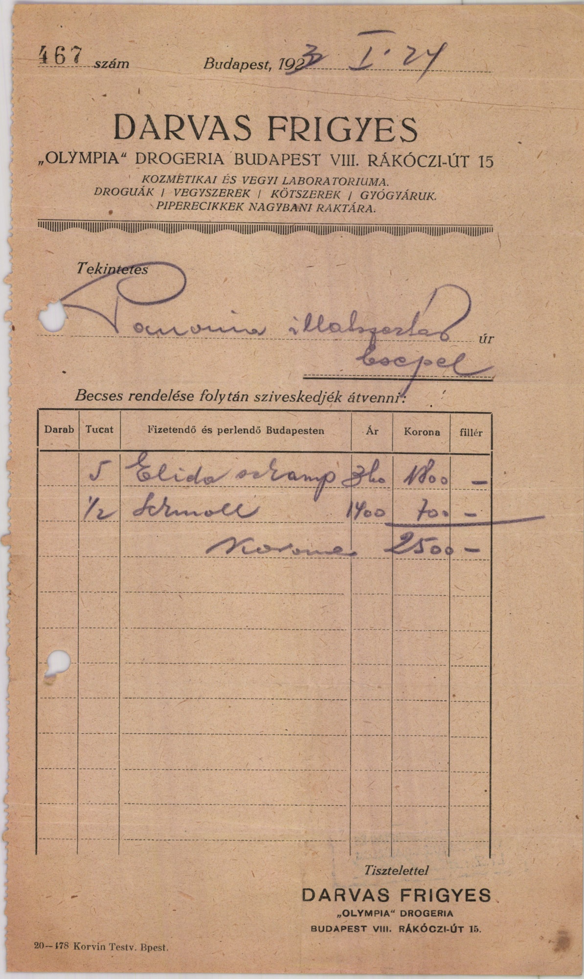Darvas Frigyes "Olympia" Drogeria (Magyar Kereskedelmi és Vendéglátóipari Múzeum CC BY-NC-SA)