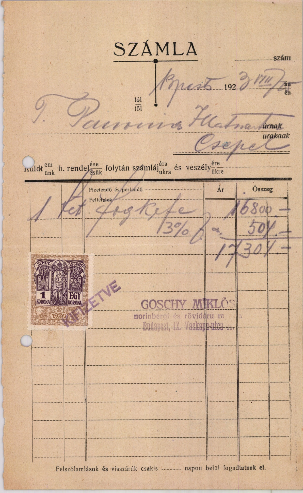 Goschy Miklós norinbergi és rövidáru raktára (Magyar Kereskedelmi és Vendéglátóipari Múzeum CC BY-NC-SA)