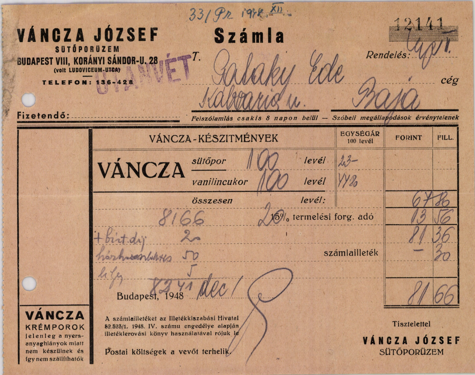 Váncza József sütőporüzeme (Magyar Kereskedelmi és Vendéglátóipari Múzeum CC BY-NC-SA)