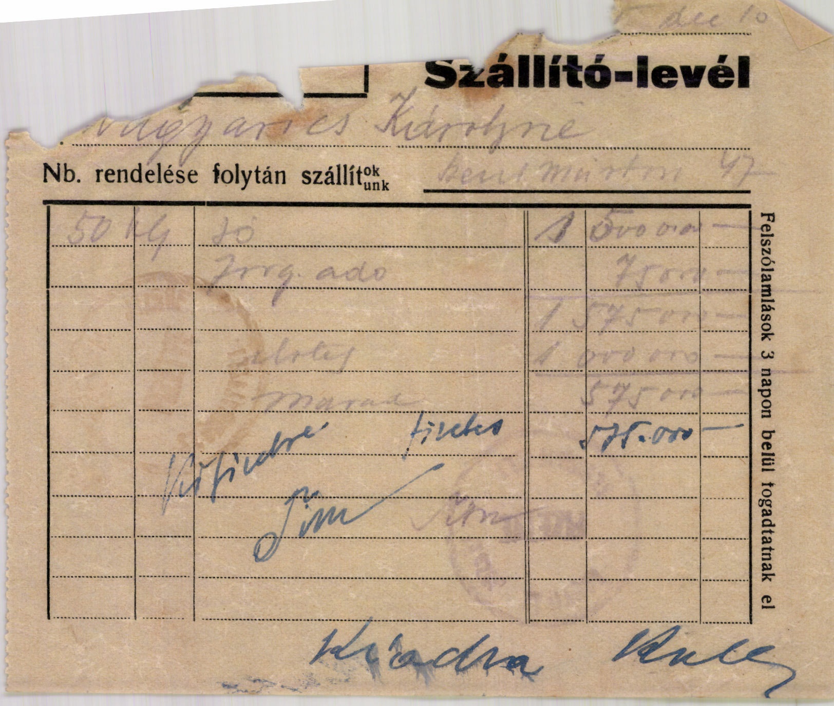 Szállítólevél (Magyar Kereskedelmi és Vendéglátóipari Múzeum CC BY-NC-SA)