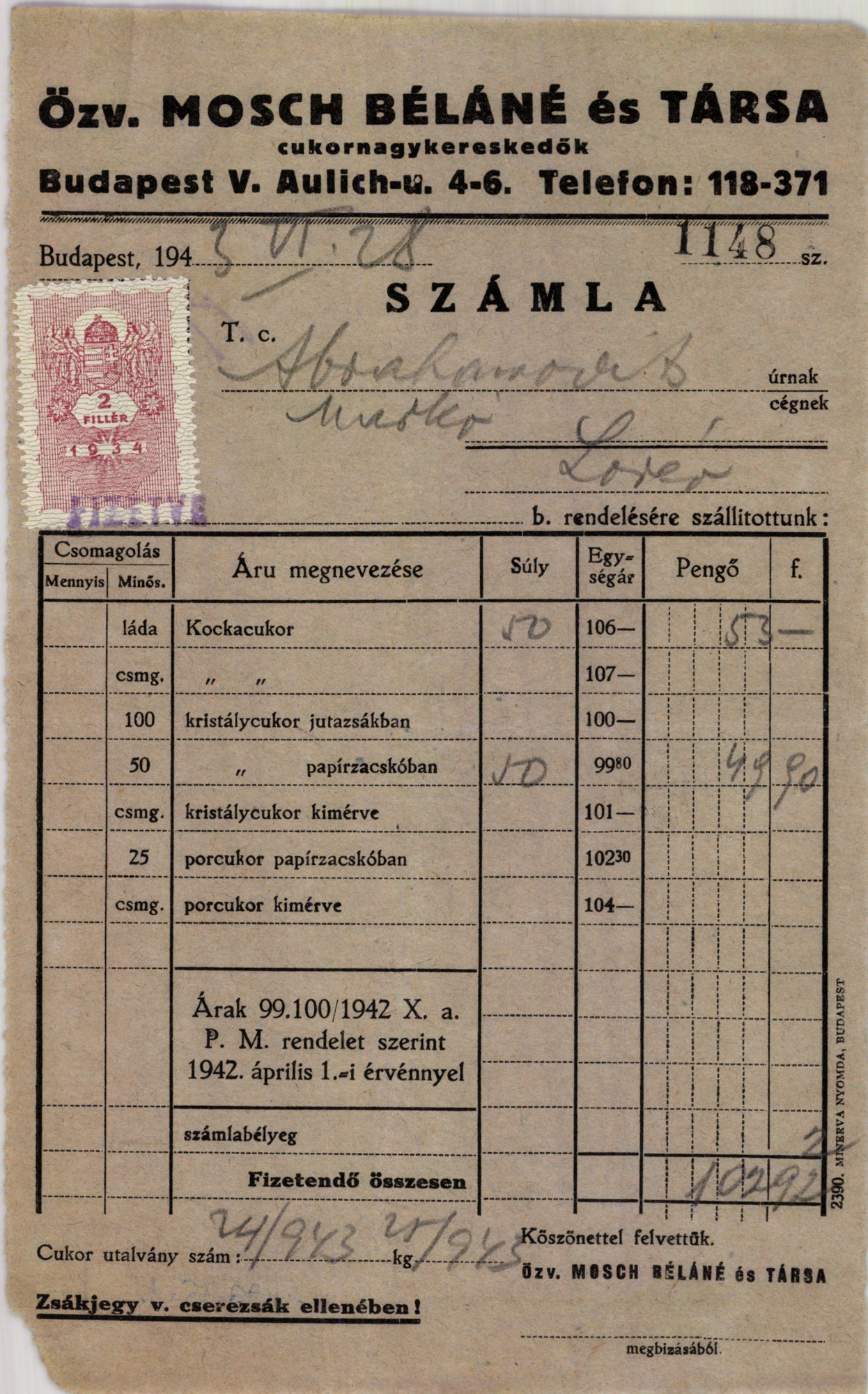 Özv. Mosch Béláné és Társa cukornagykereskedők (Magyar Kereskedelmi és Vendéglátóipari Múzeum CC BY-NC-SA)