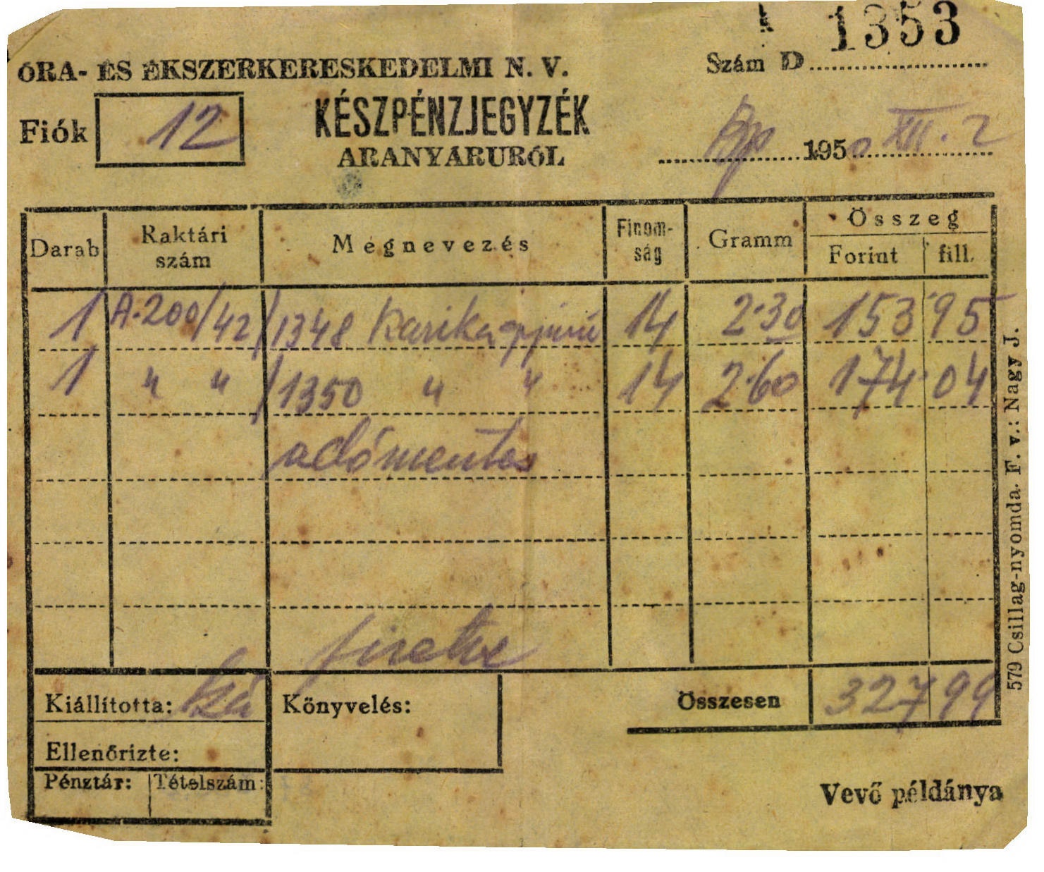 Óra- és Ékszerkereskedelmi N. V. készpénzjegyzék (Magyar Kereskedelmi és Vendéglátóipari Múzeum CC BY-NC-SA)