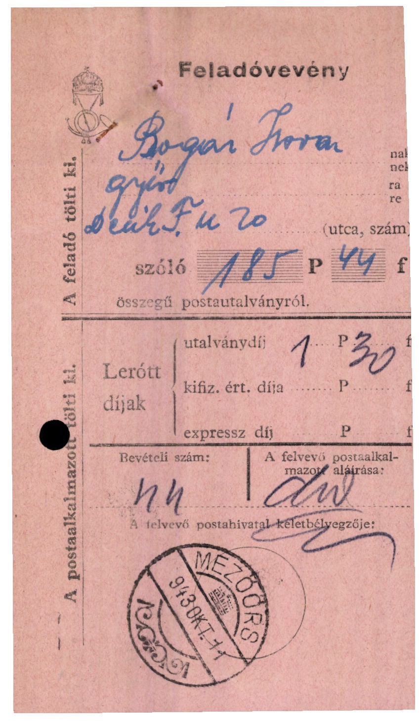 Feladóvevény Bogár Istvánnak (Magyar Kereskedelmi és Vendéglátóipari Múzeum CC BY-NC-SA)