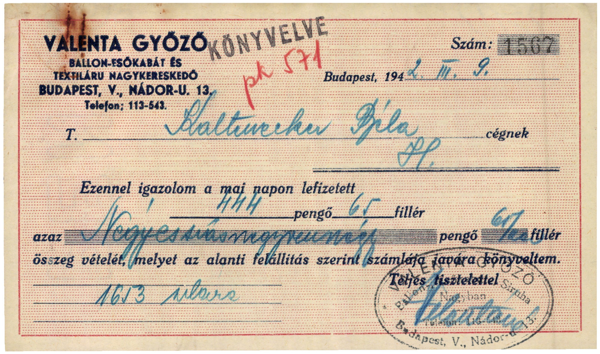 Valenta Győző ballon-, esőkabát és textiláru nagykereskedő (Magyar Kereskedelmi és Vendéglátóipari Múzeum CC BY-NC-SA)