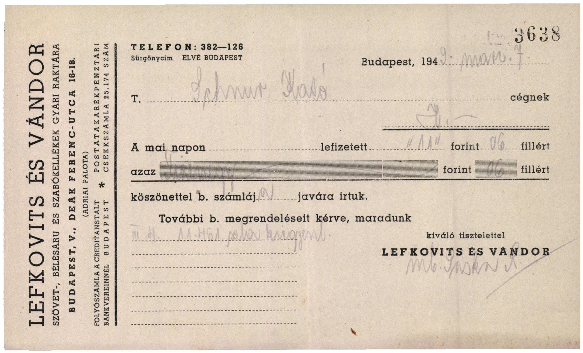 Lefkovits és Vándor szövet-, bélésáru és szabókellékek gyári raktára (Magyar Kereskedelmi és Vendéglátóipari Múzeum CC BY-NC-SA)