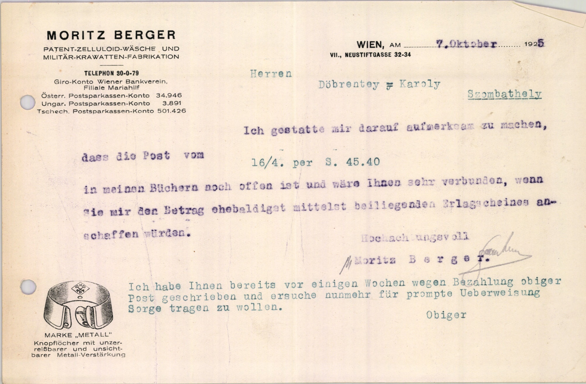 Moritz Berger Patent-Zelluloid-Wäsche und Militär-Krawatten-Fabrikation (Magyar Kereskedelmi és Vendéglátóipari Múzeum CC BY-NC-SA)