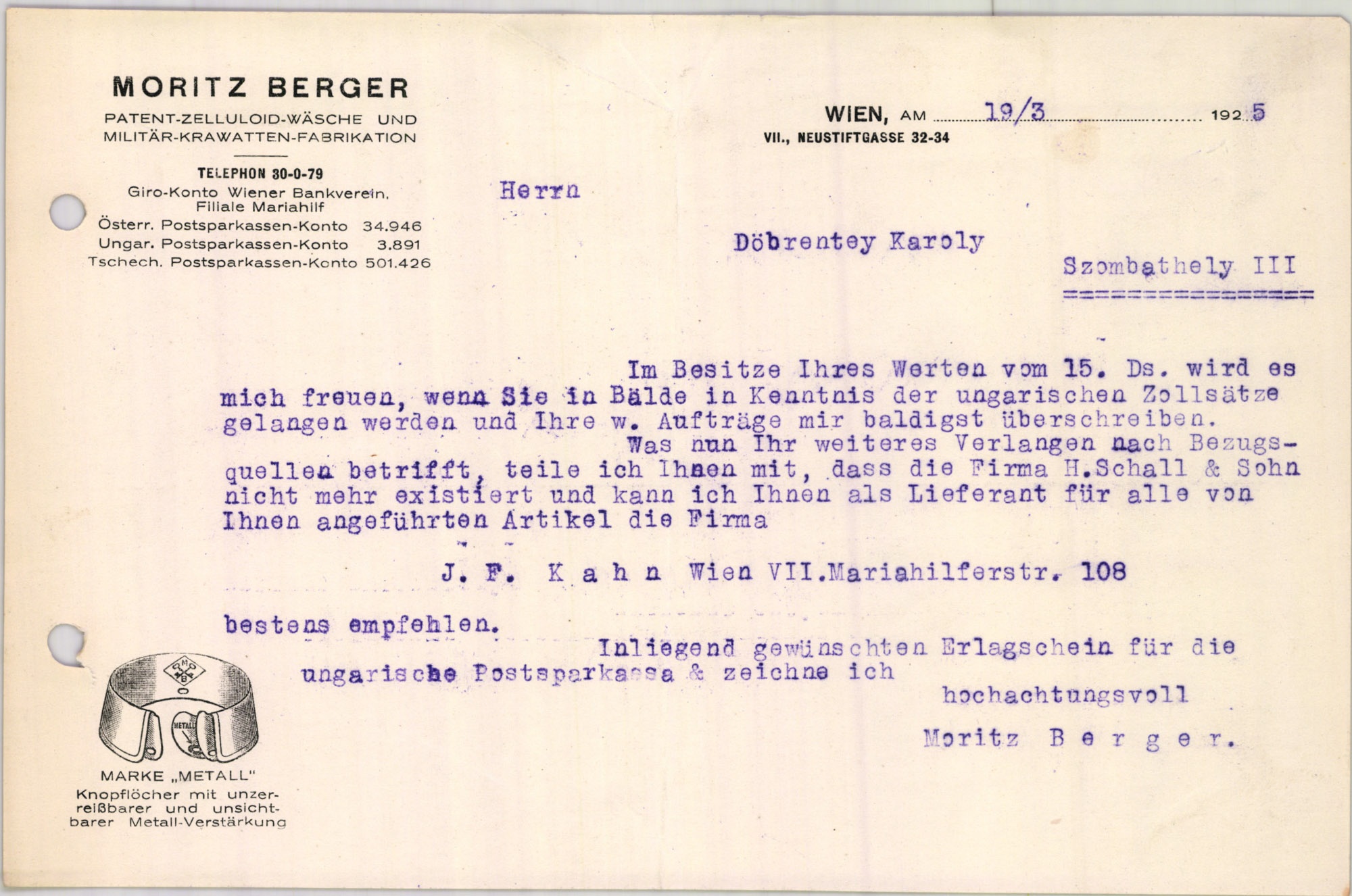 Moritz Berger Patent-Zelluloid-Wäsche und Militär-Krawatten-Fabrikation (Magyar Kereskedelmi és Vendéglátóipari Múzeum CC BY-NC-SA)
