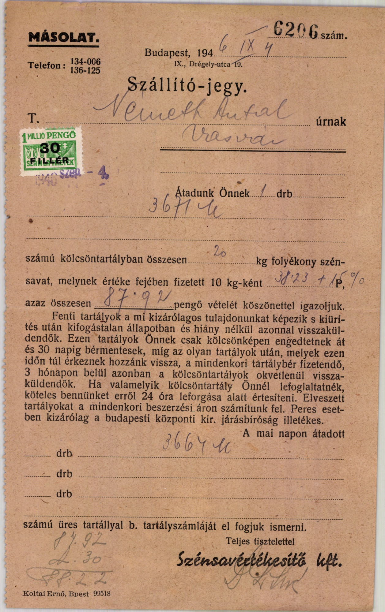 Szénsavértékesítő Kft. szállító-jegy (Magyar Kereskedelmi és Vendéglátóipari Múzeum CC BY-NC-SA)